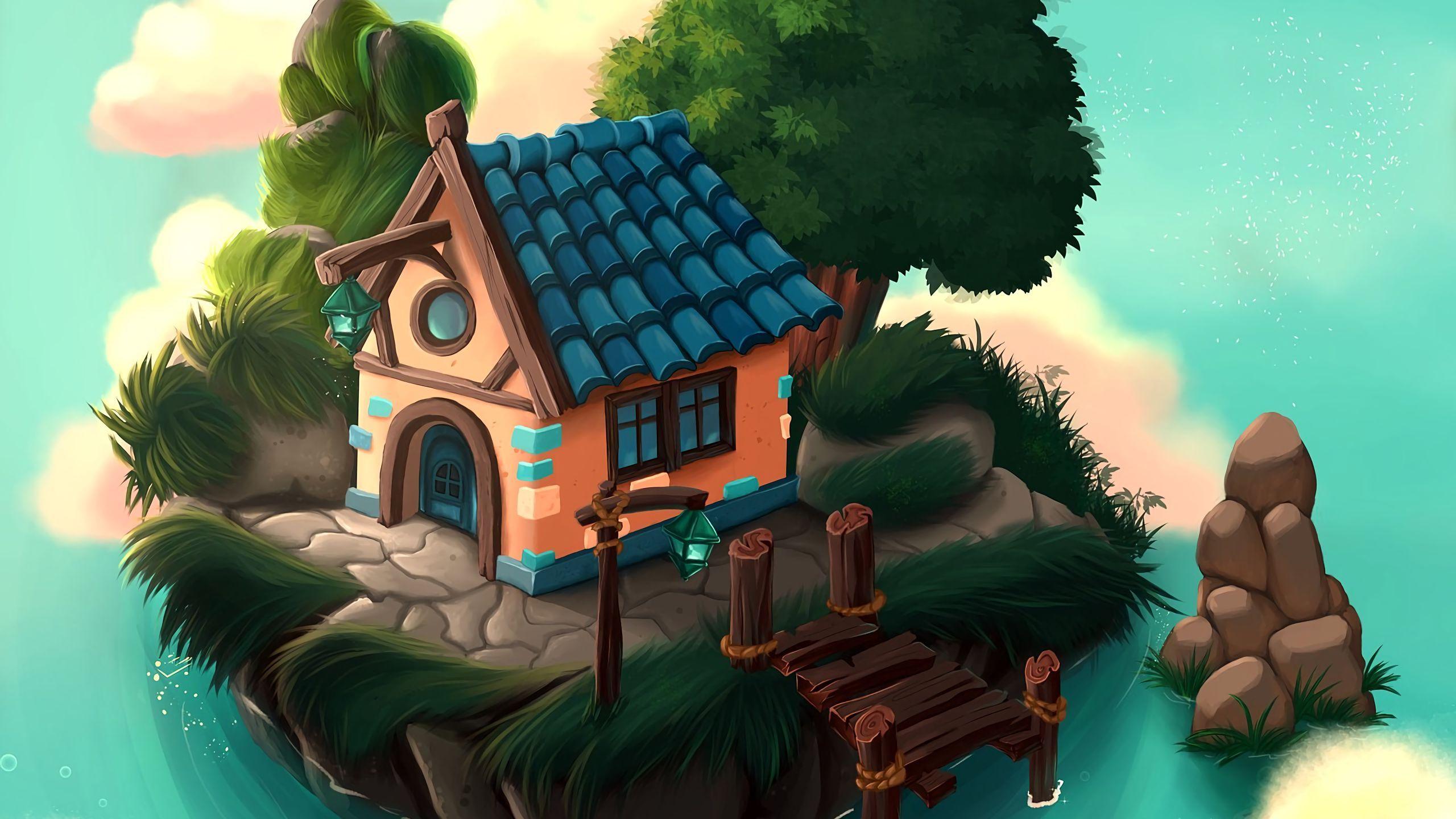 2560x1440 Download wallpaper 2560x1440 house, art, island, sea widescreen 16