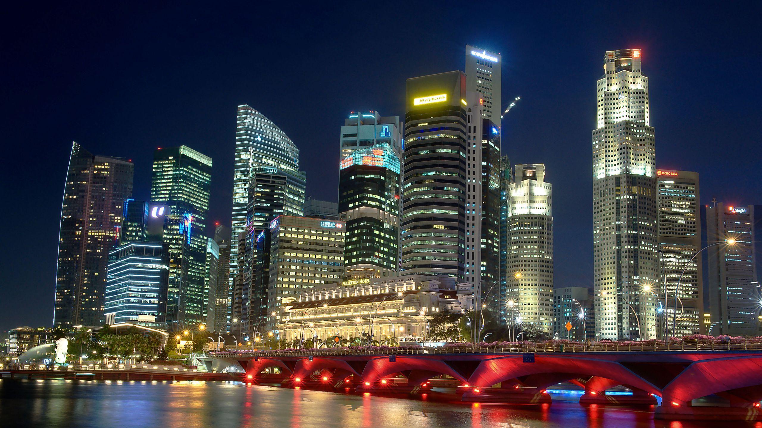 2560x1440 Download wallpaper 2560x1440 singapore, river, night, night city