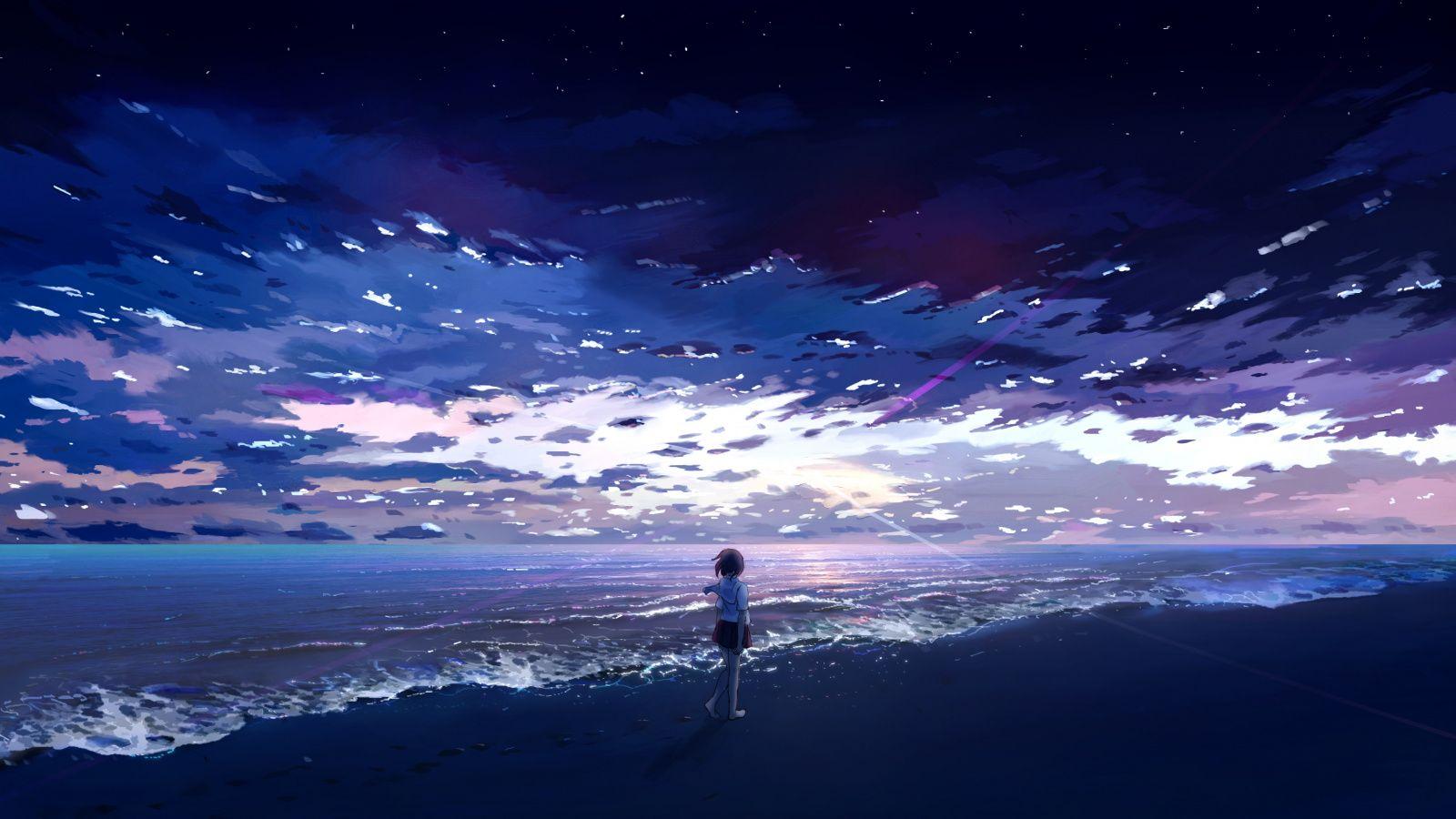 1600x900 Download Anime girl, seashore, beach, art wallpaper, 1600x900