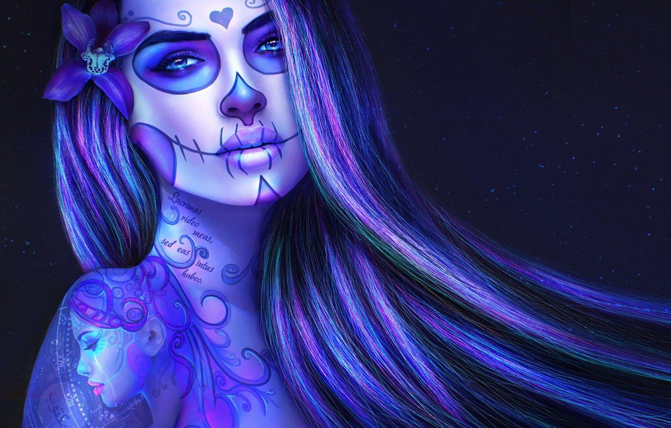 1332x850 Wallpaper girl, hair, skull, tattoo, art, day of the dead, sugar skull, skull girl image for desktop, section живопись