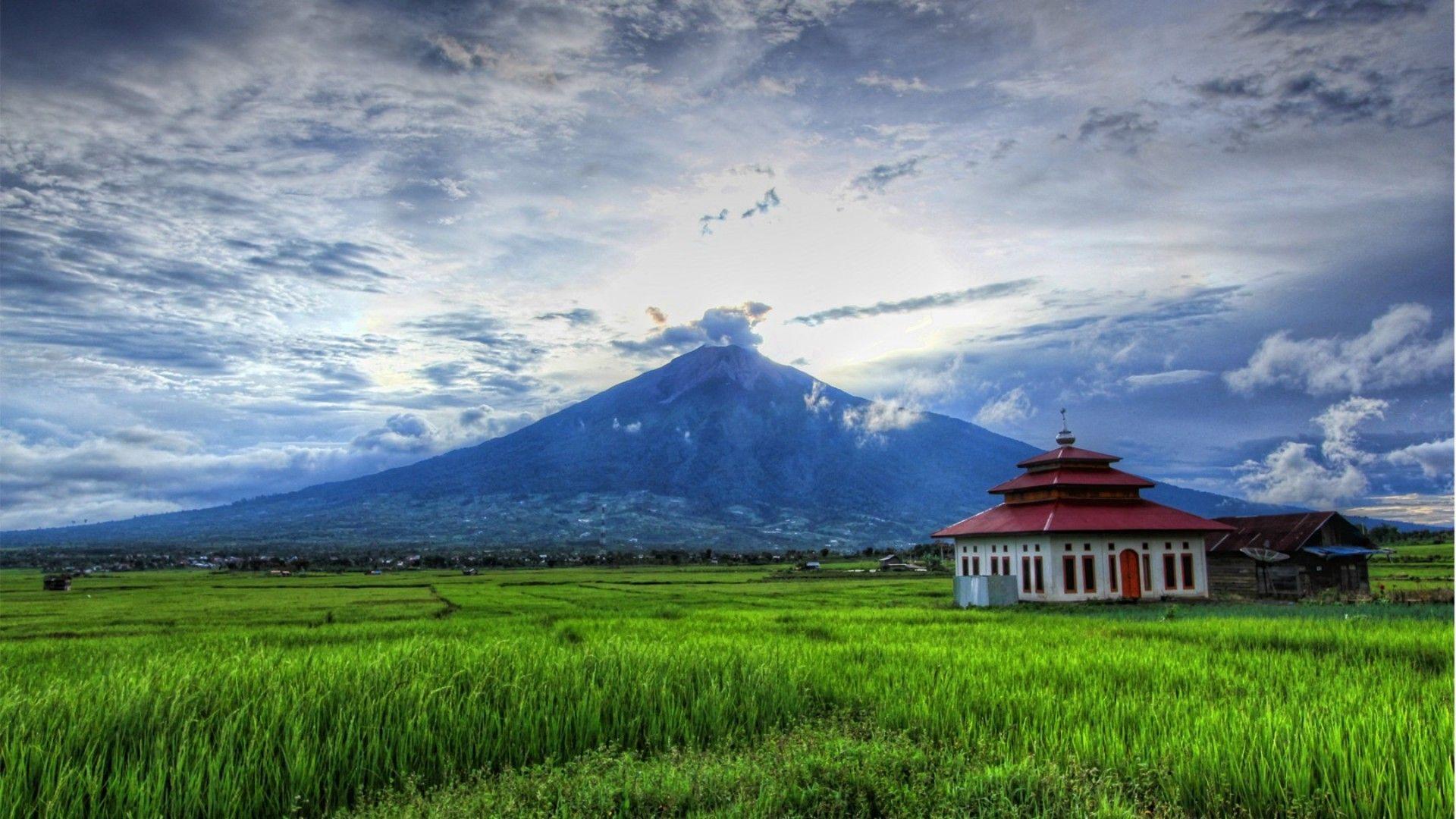 1920x1080 Mountain: Humble Temple Fields Mount Fuji Mountain Clouds Wallpaper