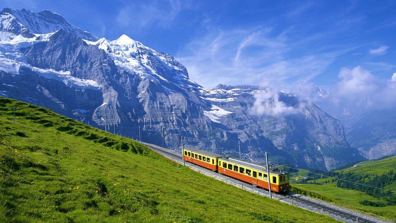 1366x768 Mountain Nature Great Train Mountains Fuji Japan Wallpaper