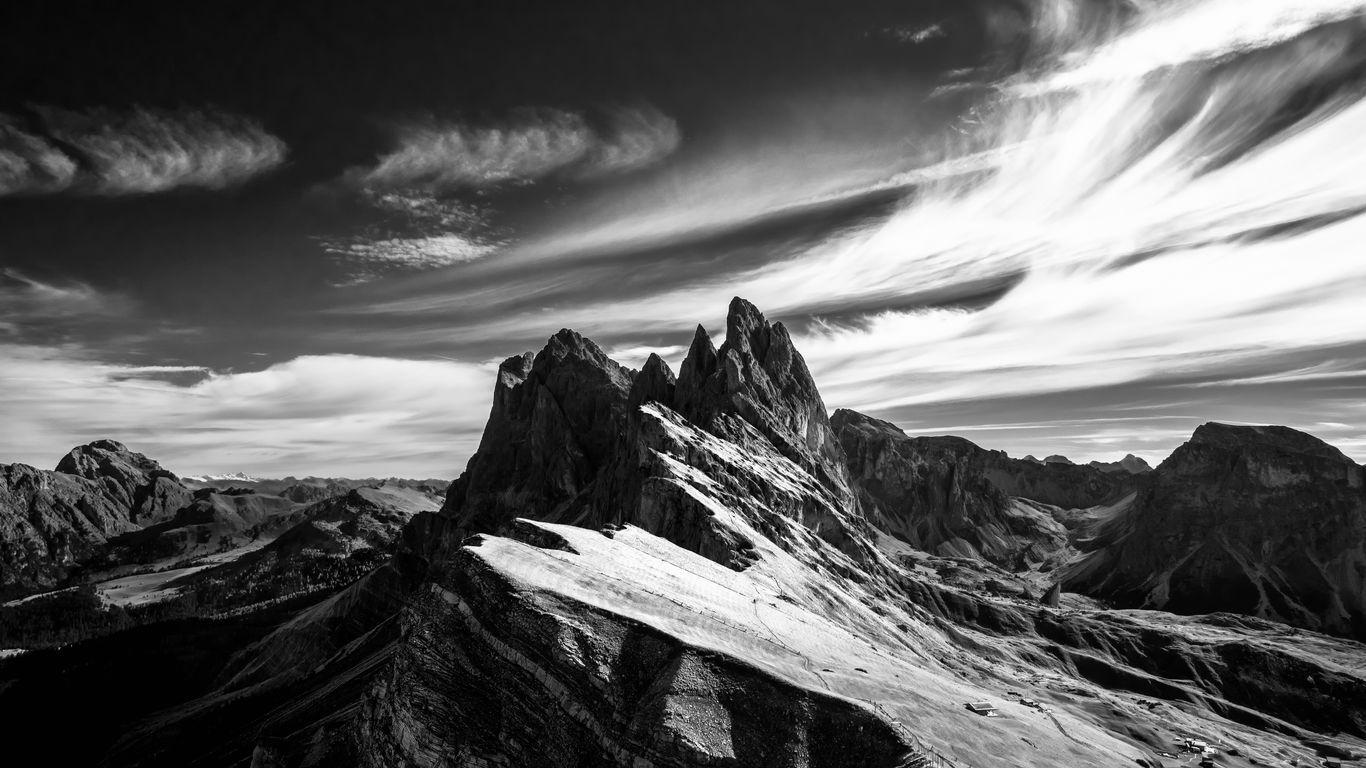 1366x768 Download wallpaper 1366x768 mountain, sky, bw, peak, italy tablet