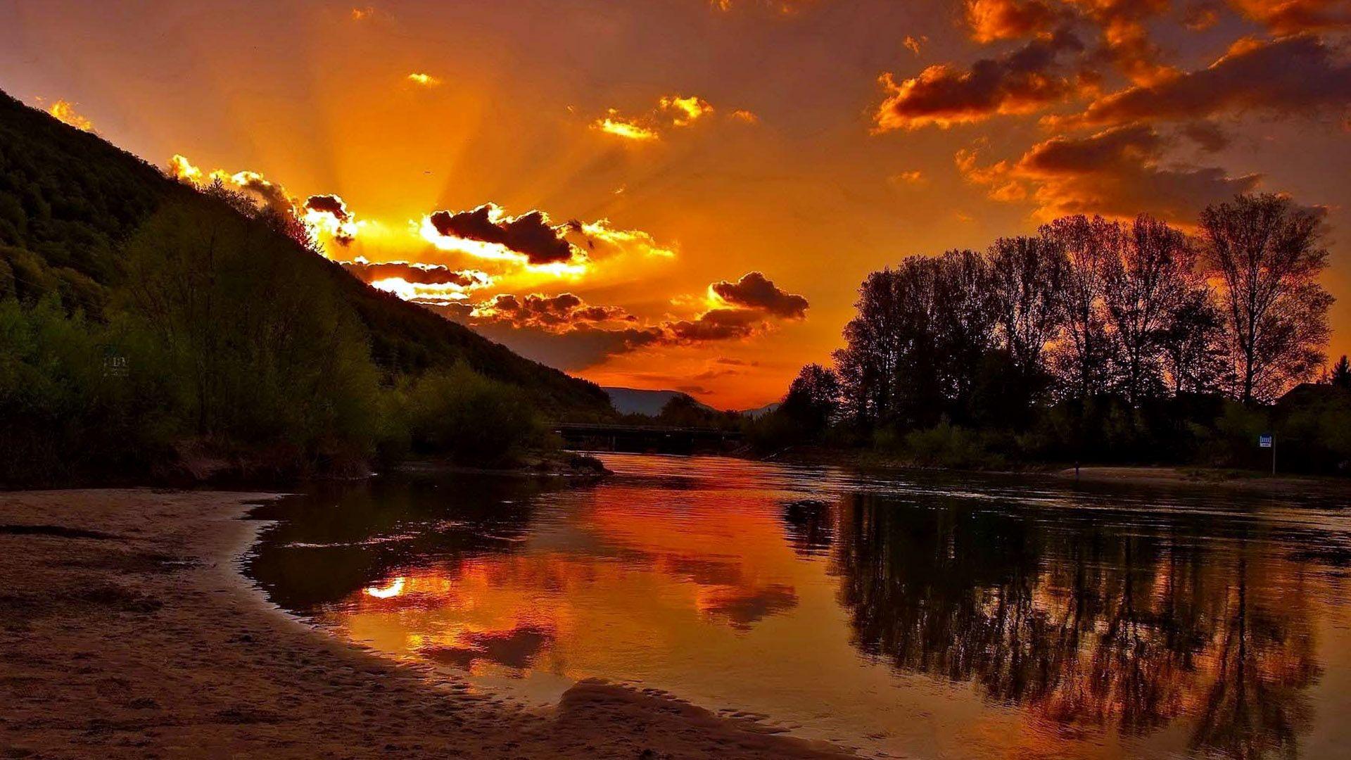 1920x1080 Sunset Mountain And Lake Free Download Wallpaper HD / Desktop