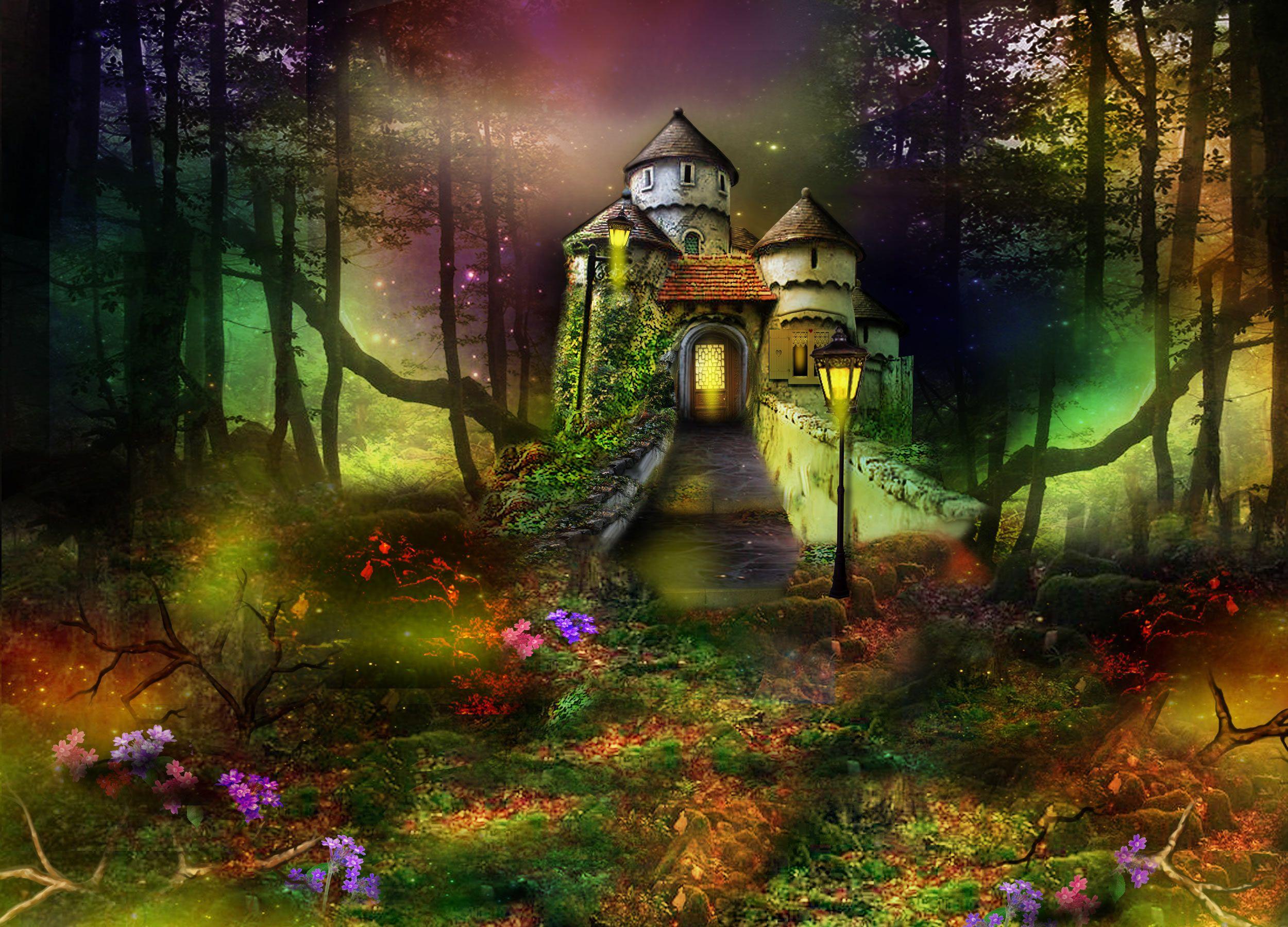 2500x1800 Digital art 3D phantasmagoria castle trees forest wallpaper