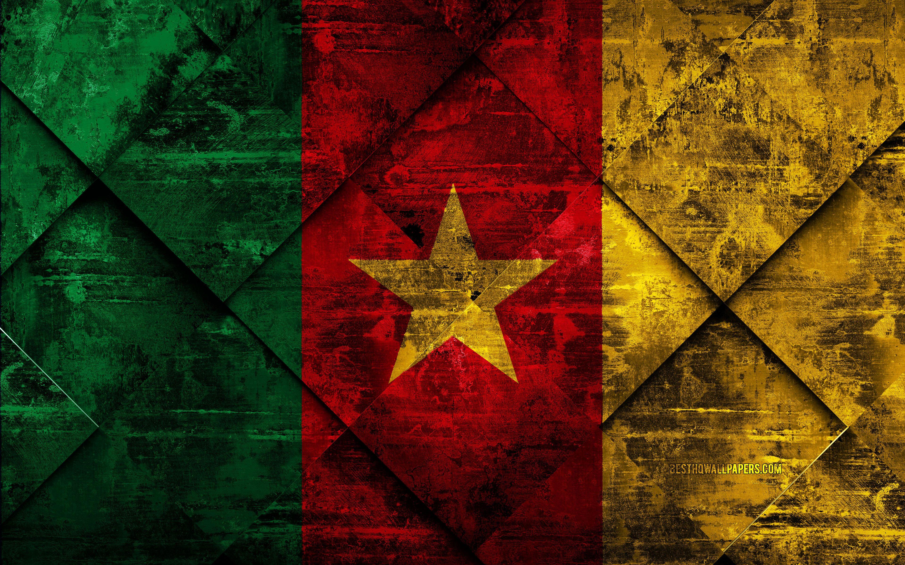 3840x2400 Download wallpaper Flag of Cameroon, 4k, grunge art, rhombus