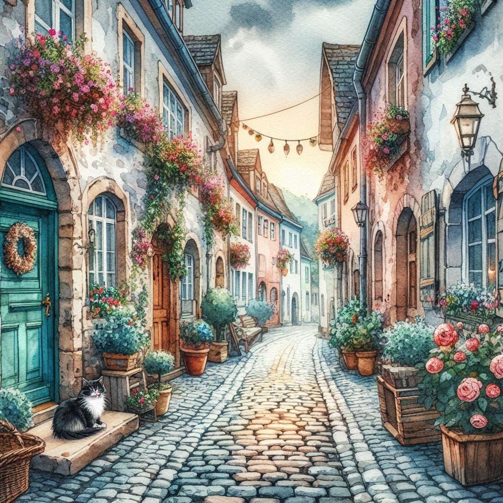 1024x1024 European Village Street Art, Cozy Cobblestone Alley Print, Rustic Town Watercolor, Charming Architecture Wall Decor, Cat in Old Town Poster