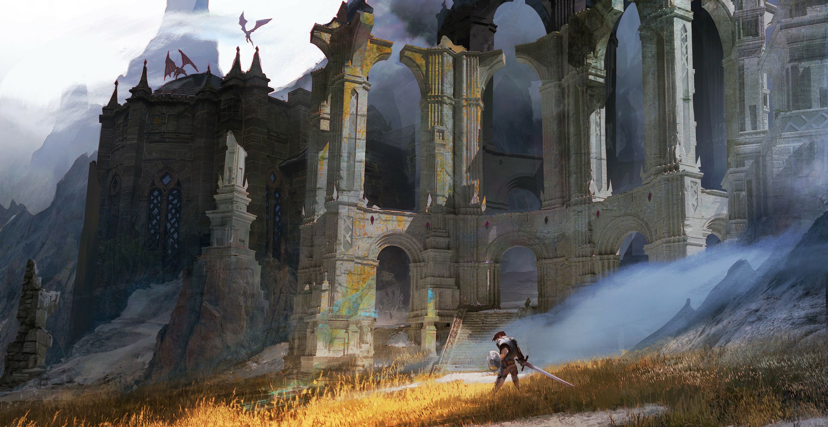 2800x1445 Epic Fantasy Ruins: HD Wallpaper of Forgotten Realms