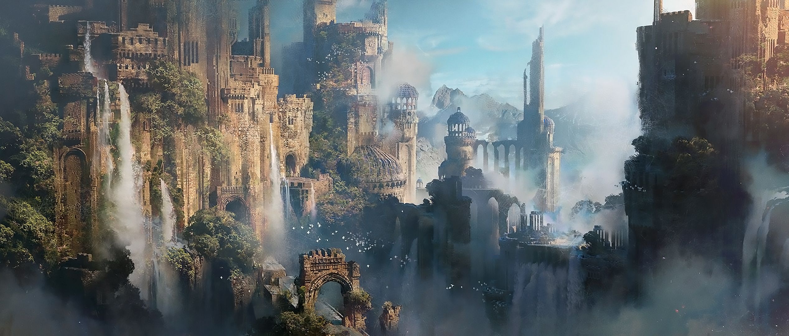 2535x1080 Whispers of Fantasy: HD Wallpaper of Ancient Ruins