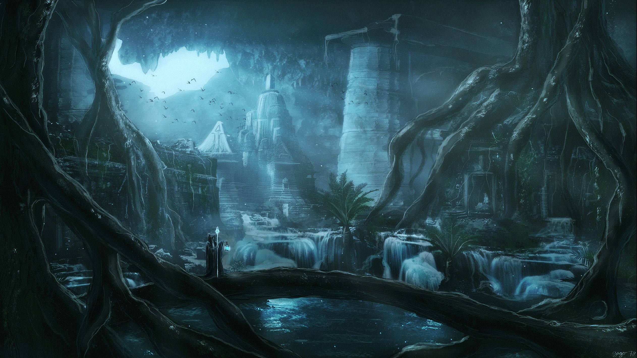 2525x1420 Phone wallpaper: Underground, Fantasy, Ruin, Sunbeam, Wizard 736048