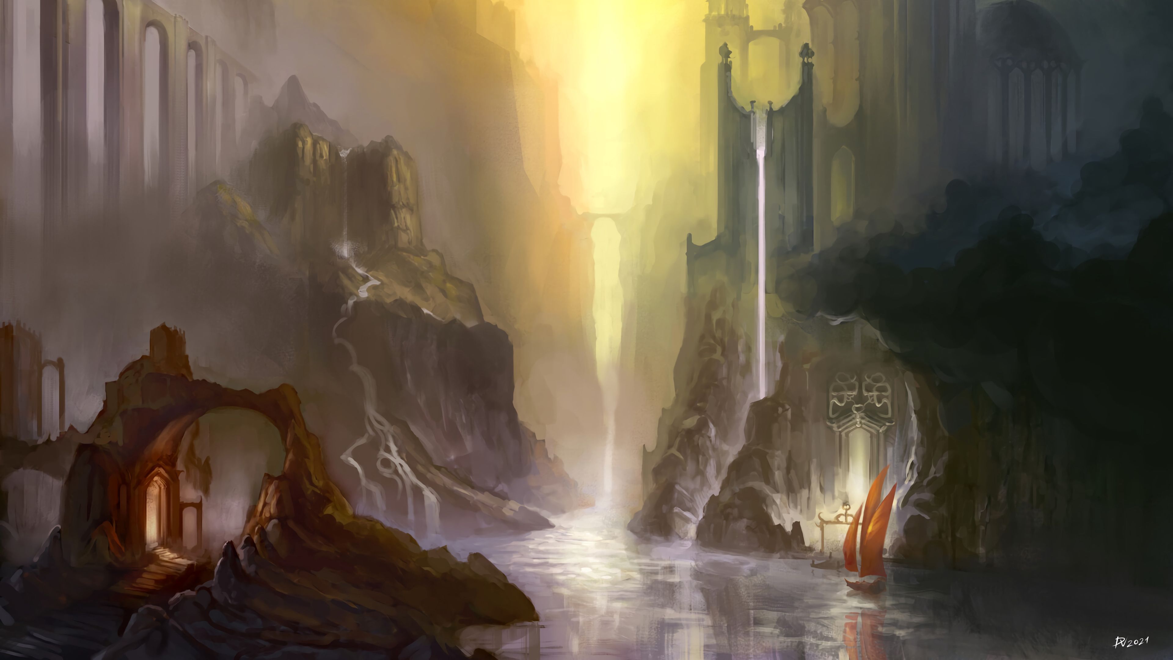 3840x2160 Download wallpaper 3840x2160 ruins, river, water, fantasy, art 4k uhd 16:9 HD background