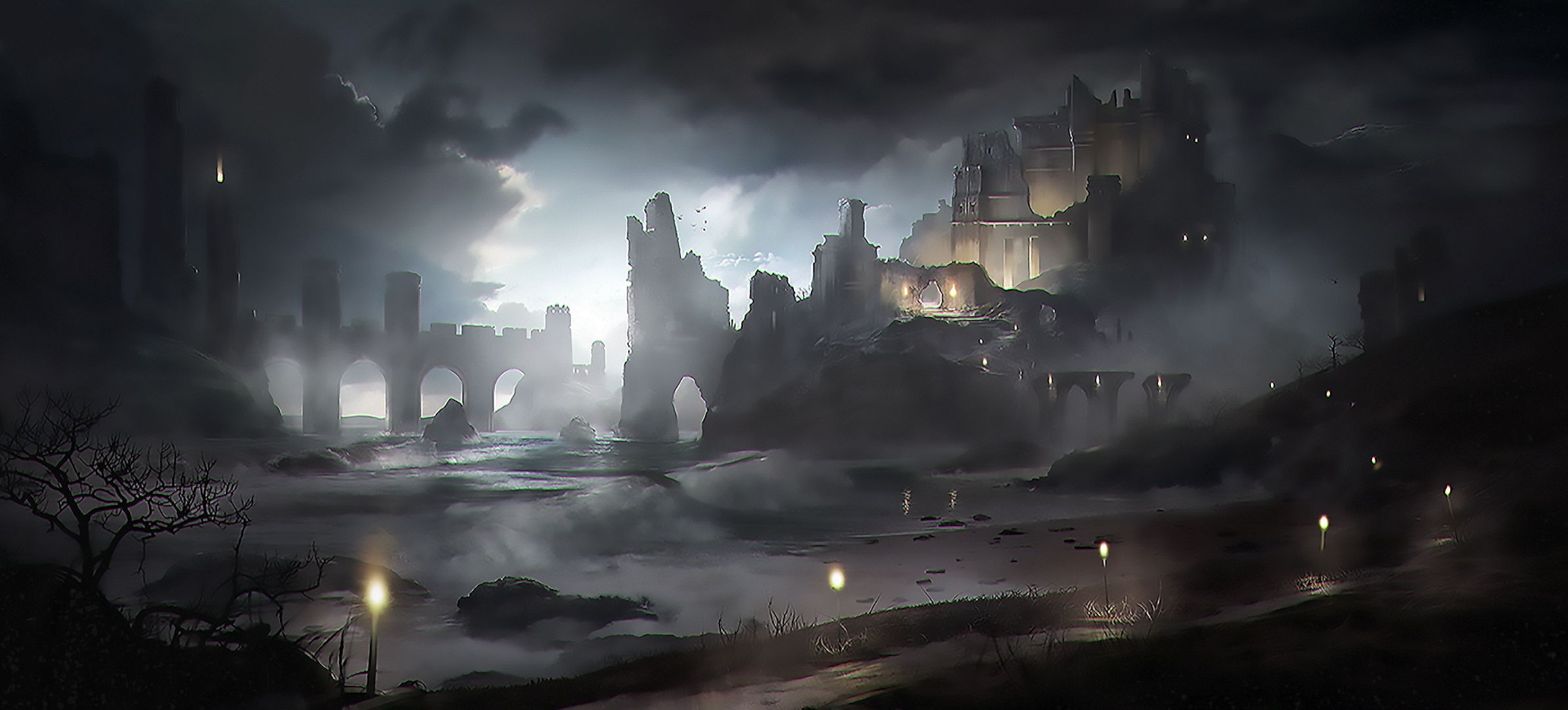 2386x1080 Desktop wallpaper: Fantasy, Ruin 4K free download for PC. 855892