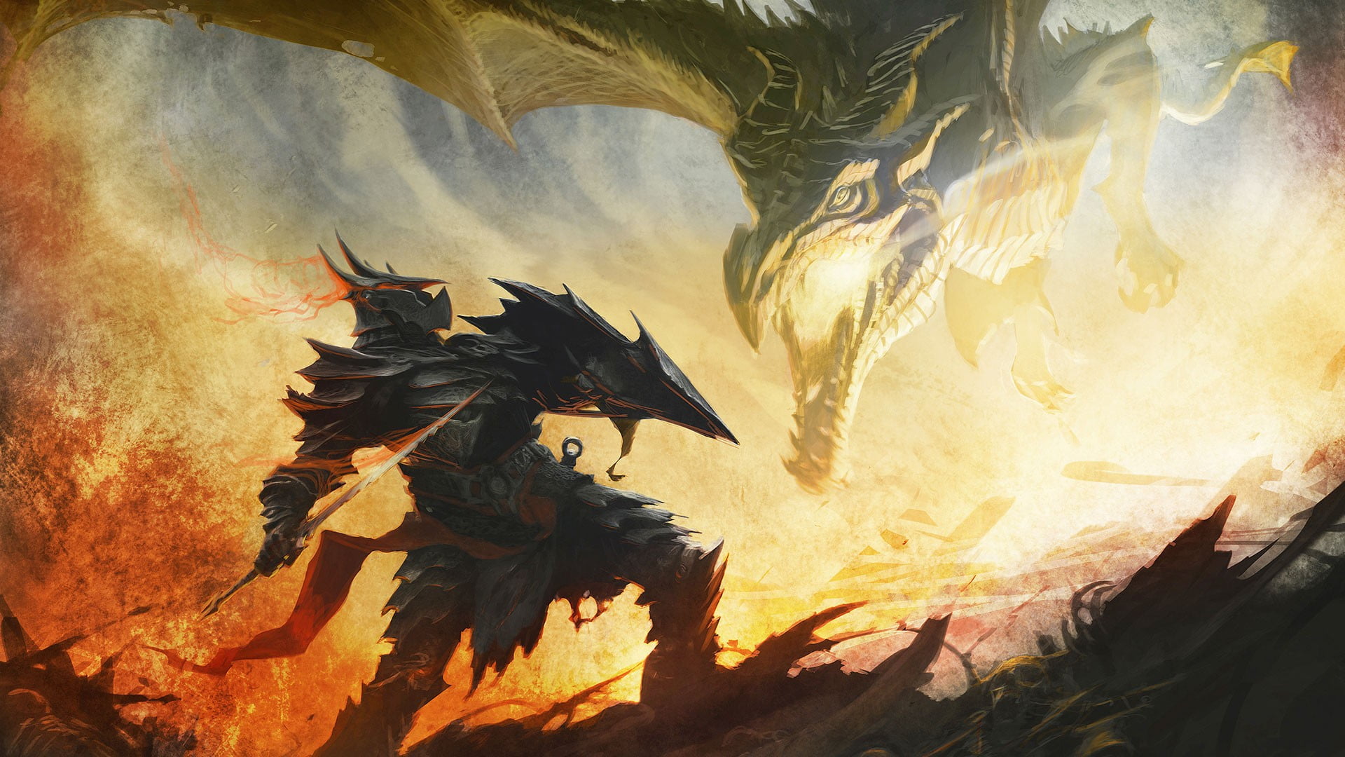 1920x1080 Dragon and warrior illustration, The Elder Scrolls V: Skyrim, video games HD wallpaper
