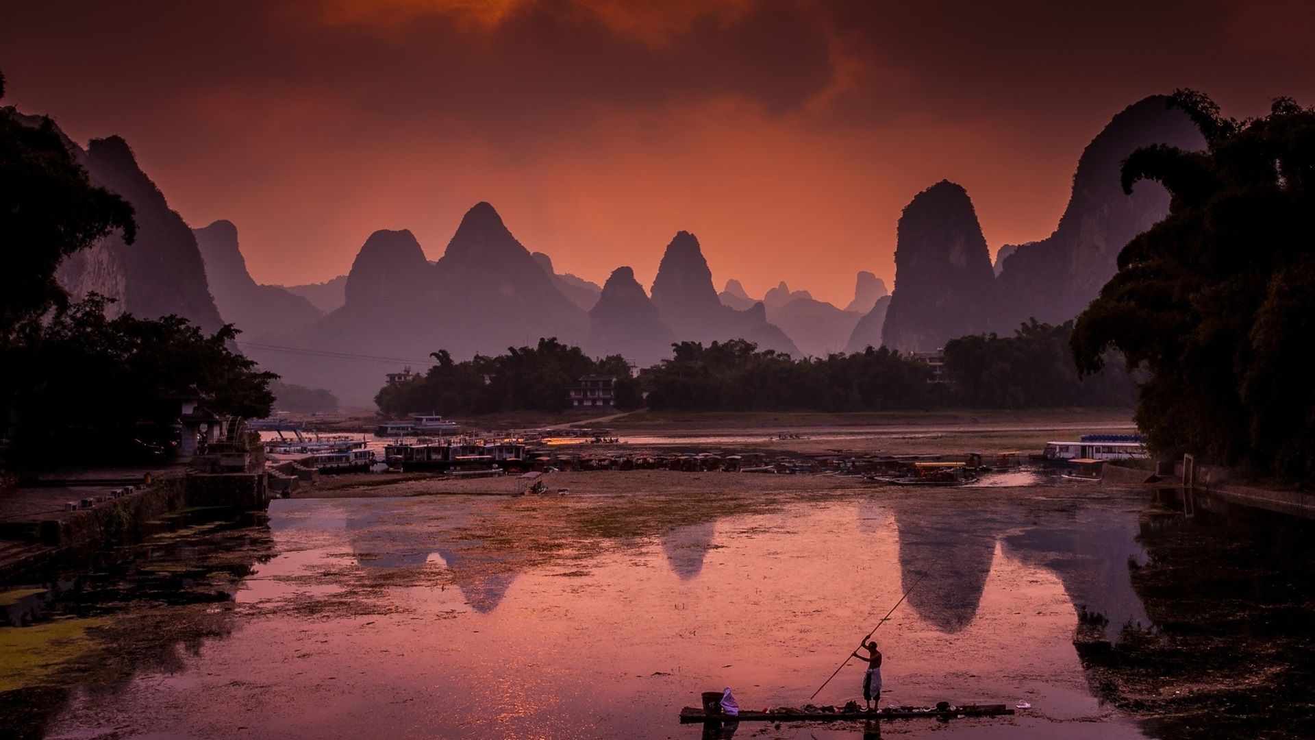 1920x1080 Wallpaper Guangxi, Li River, Chinese beautiful landscape, mountains, sun, boats 1920x1440 Picture, Image