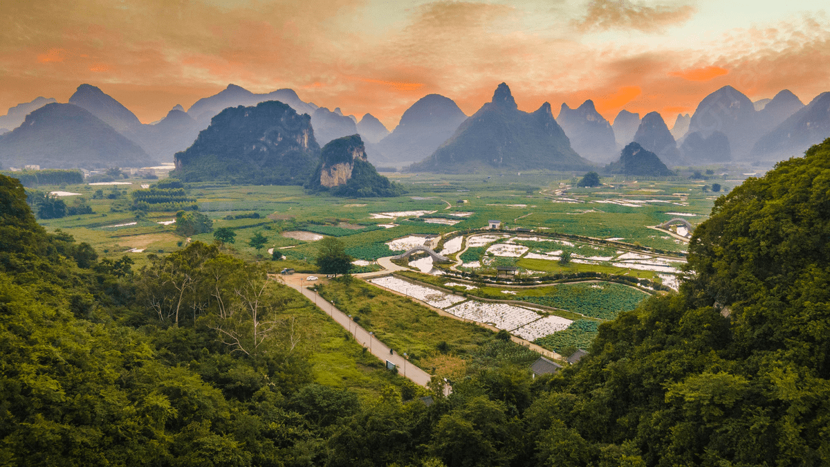 1200x675 Natural Sunset Guilin Guangxi Natural Scenery Aerial Photography Mountain Top Drone Photography Map With Map Background And Picture For Free Download