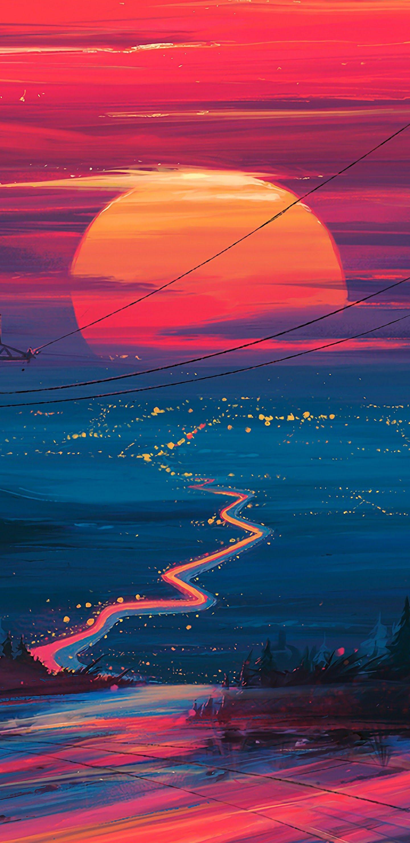 1440x2960 Sunset Horizon Scenery Landscape Art 4K Wallpaper