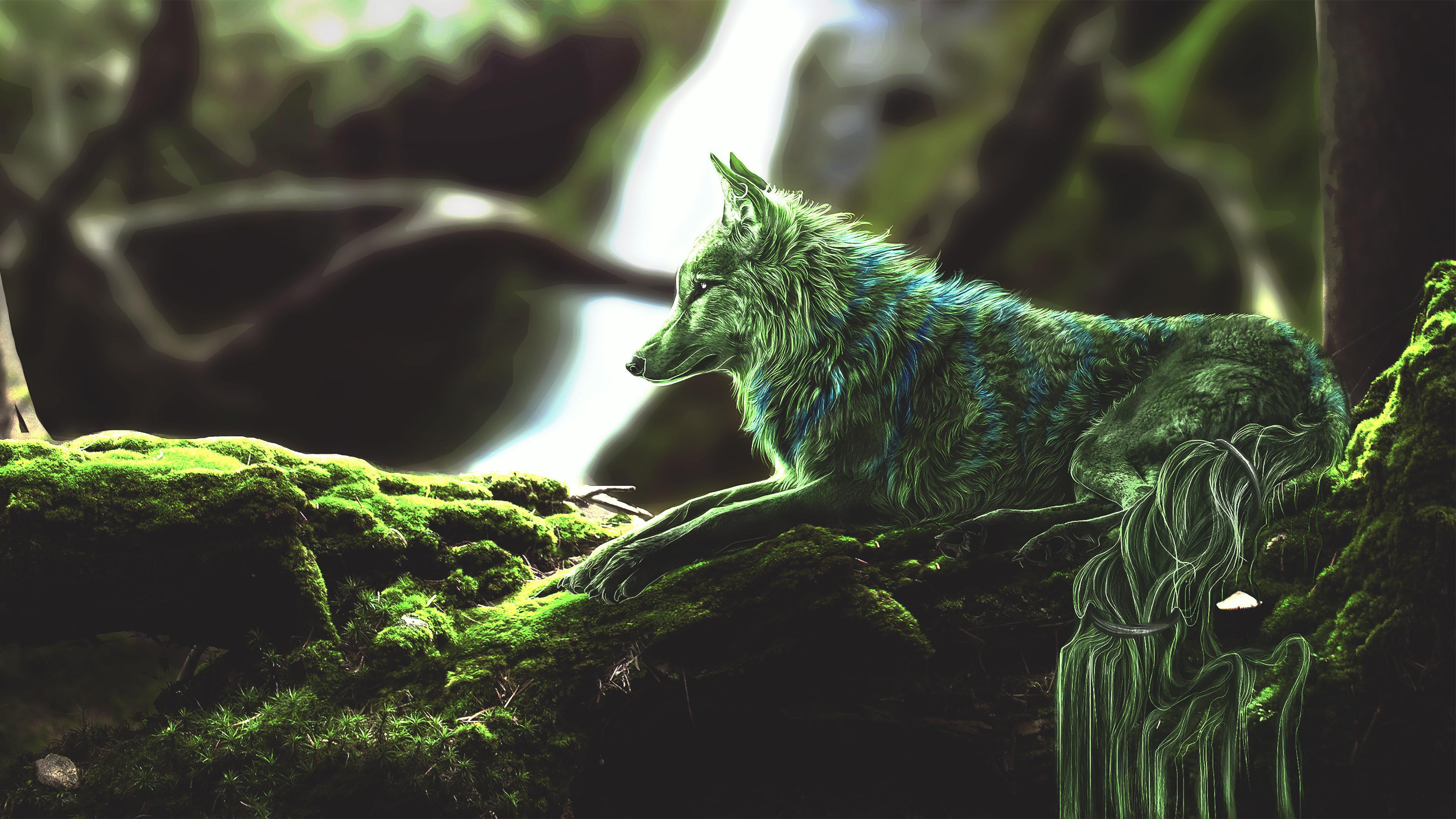 3840x2160 Green Wolf Wallpaper