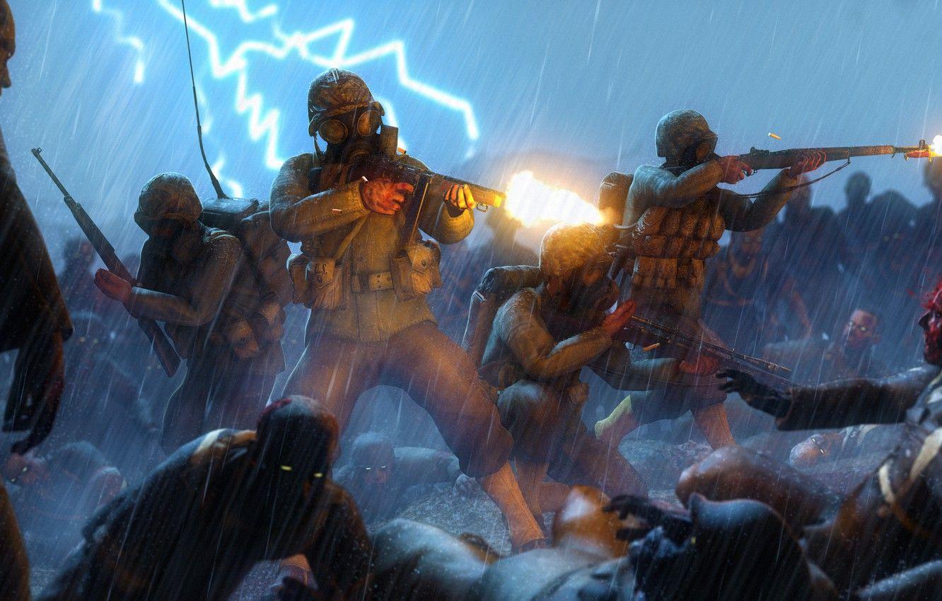 1332x850 Wallpaper the storm, rendering, fiction, rain, lightning, battle, machine, zombies, soldiers, gas mask, the gun image for desktop, section рендеринг