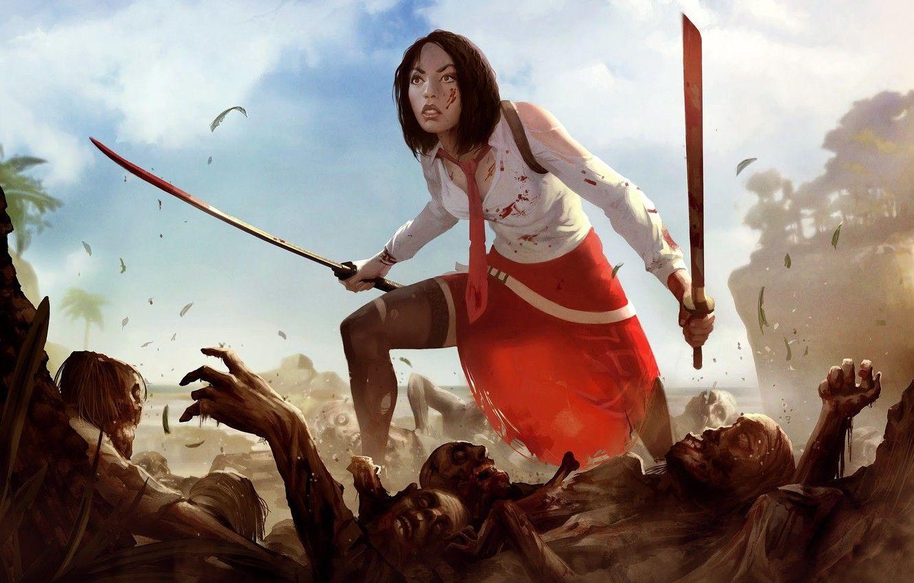 1332x850 Wallpaper girl, blood, figure, sword, katana, battle, art, zombies, girl, sword, zombie, blood, battle, Asian, corpses, art image for desktop, section игры
