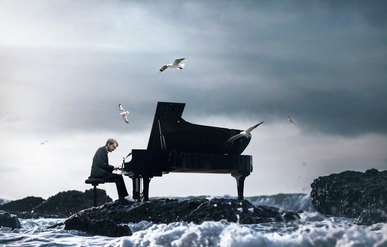 1332x850 Wallpaper wave, seagulls, piano, pianist, Vincent Bourilhon, The Ocean Symphony image for desktop, section музыка