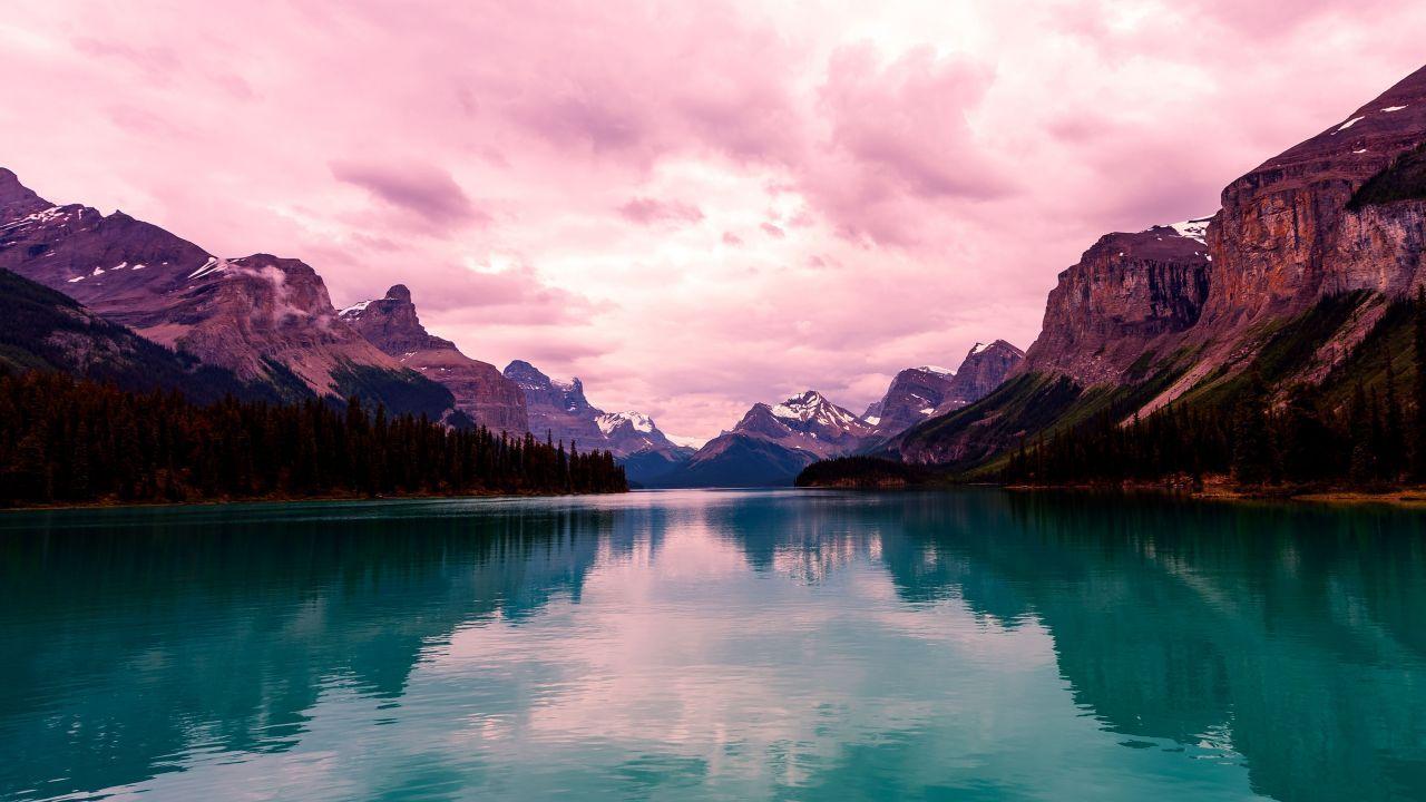 1280x720 Wallpaper Maligne Lake, Mountains, Reflections, Jasper National