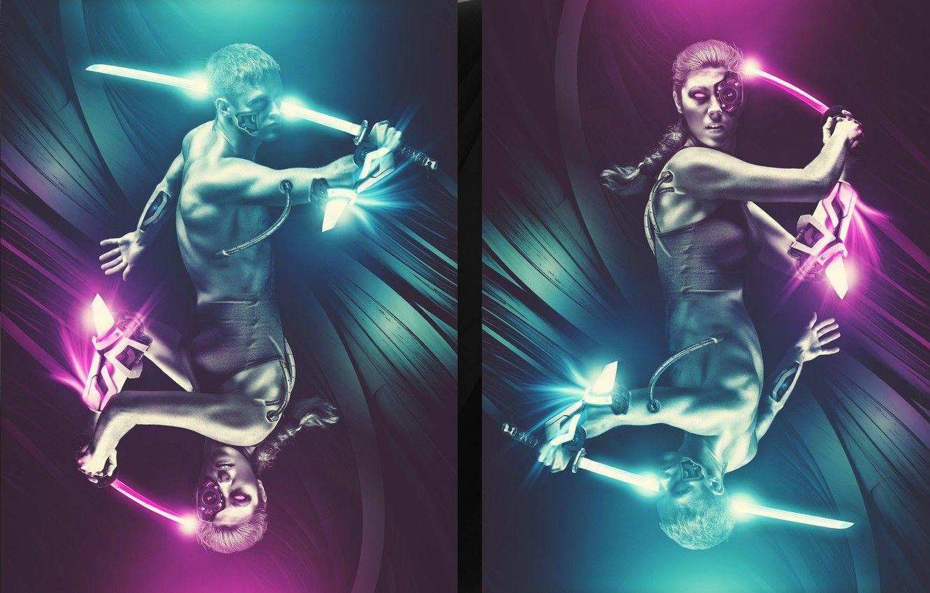 1332x850 Wallpaper girl, sword, katana, neon, guy, cyborgs, BossLogic