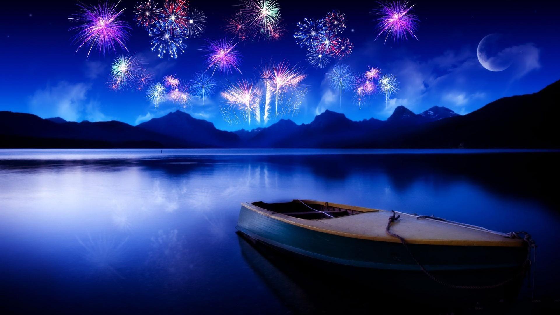 1920x1080 Cool Bright Twilight Fireworks Lake Desktop Background Widescreen and HD background Wallpaper. Happy new year hd, New year image, Happy new year greetings