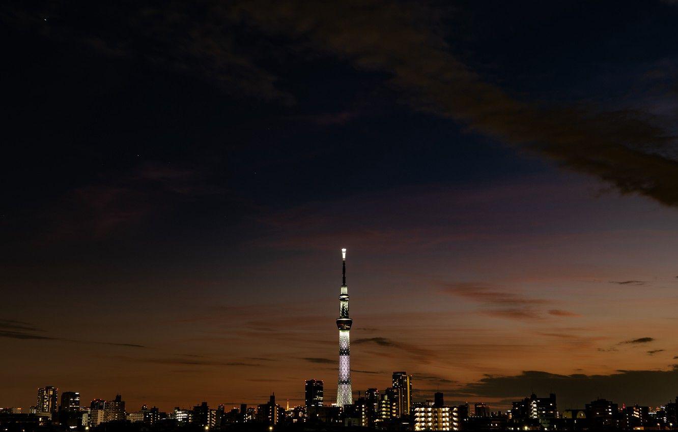 1332x850 Wallpaper city, lights, dark, Japan, twilight, tower, river, sky