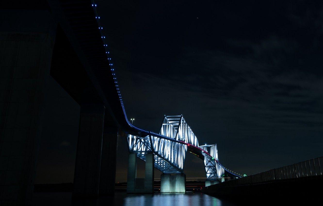 1332x850 Wallpaper lights, dark, Tokyo, Japan, bridge, water, night