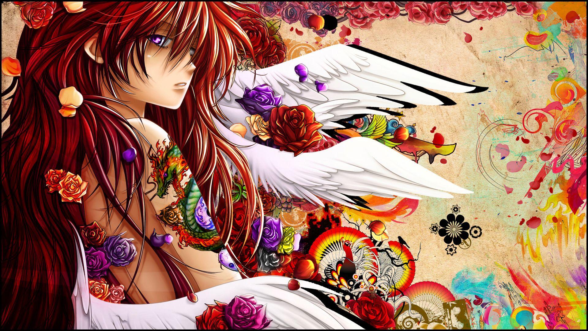 1920x1080 Anime cô gái hình xăm đôi cánh thiên thần hoa hồng Hình nền và Kho miễn phí