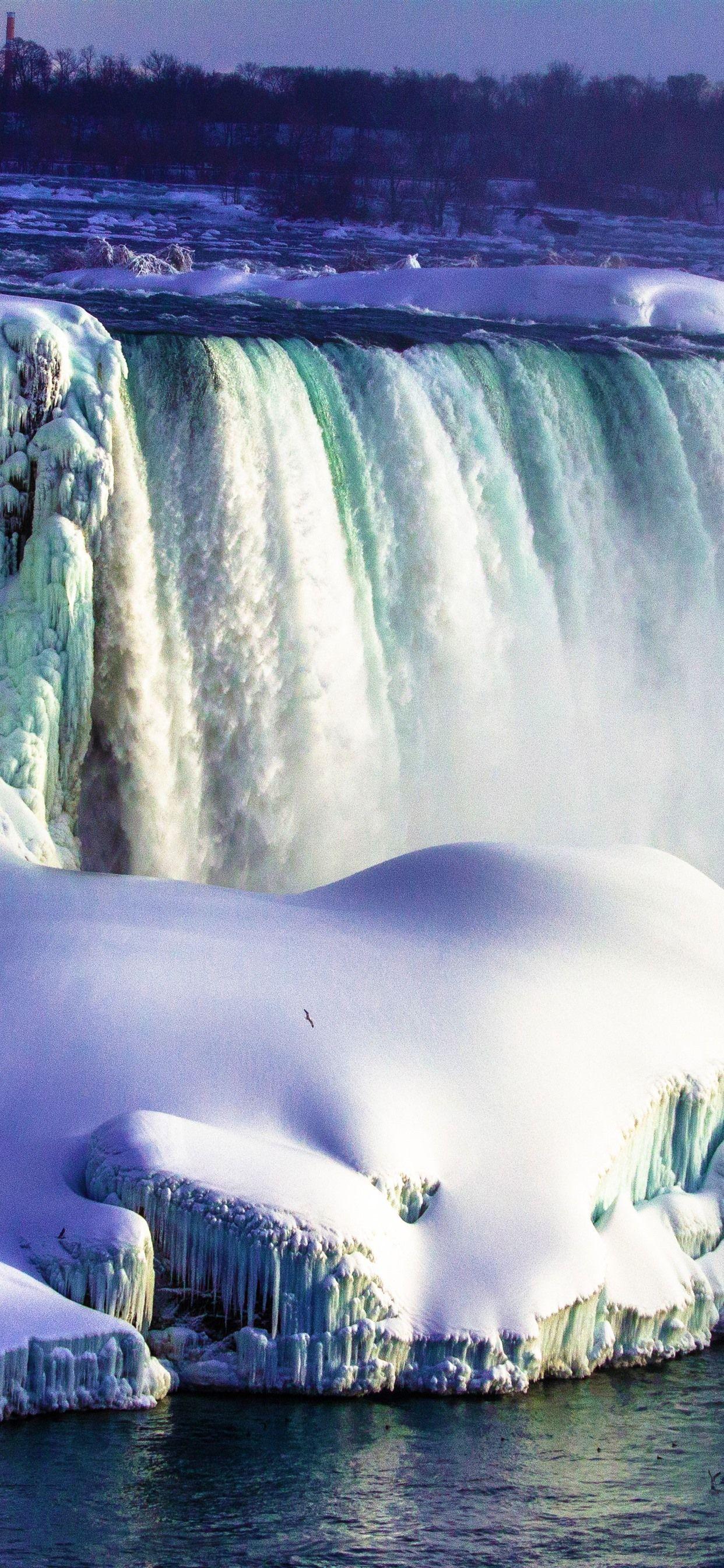 1242x2688 Beautiful Niagara Falls, thick snow, water stream, fog, Canada