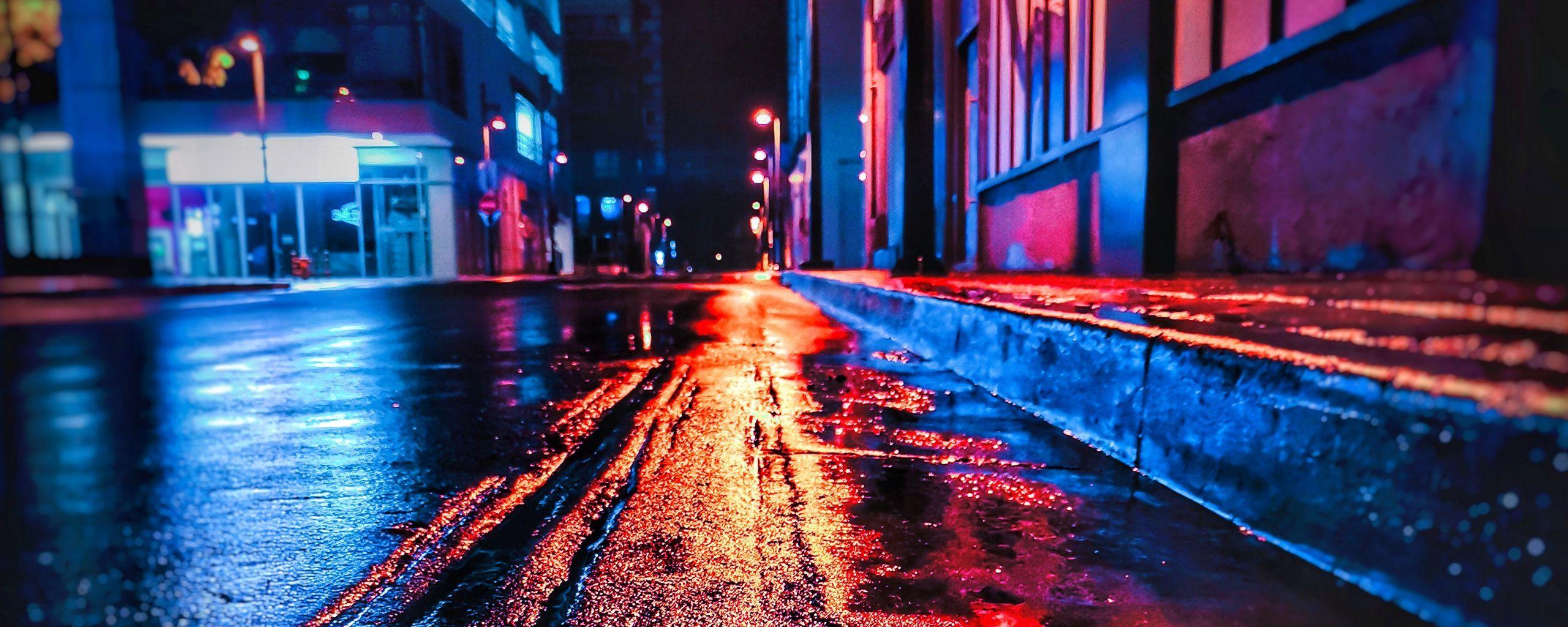 2560x1024 Download wallpaper 2560x1024 street, night, wet, neon, city