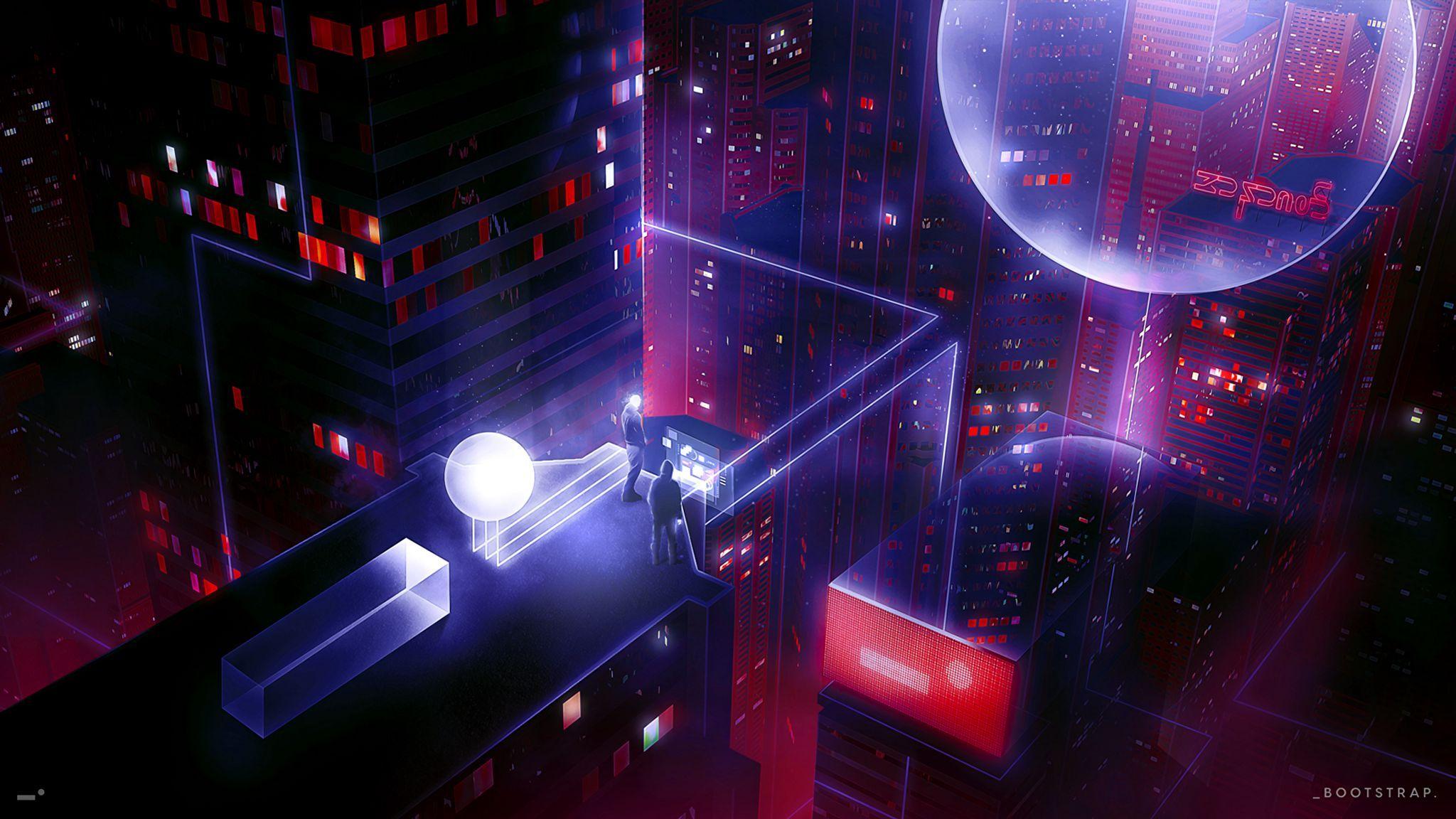 2048x1152 Download Wallpaper 2048x1152 Roof, People, Art, Cyberpunk, Sci Fi