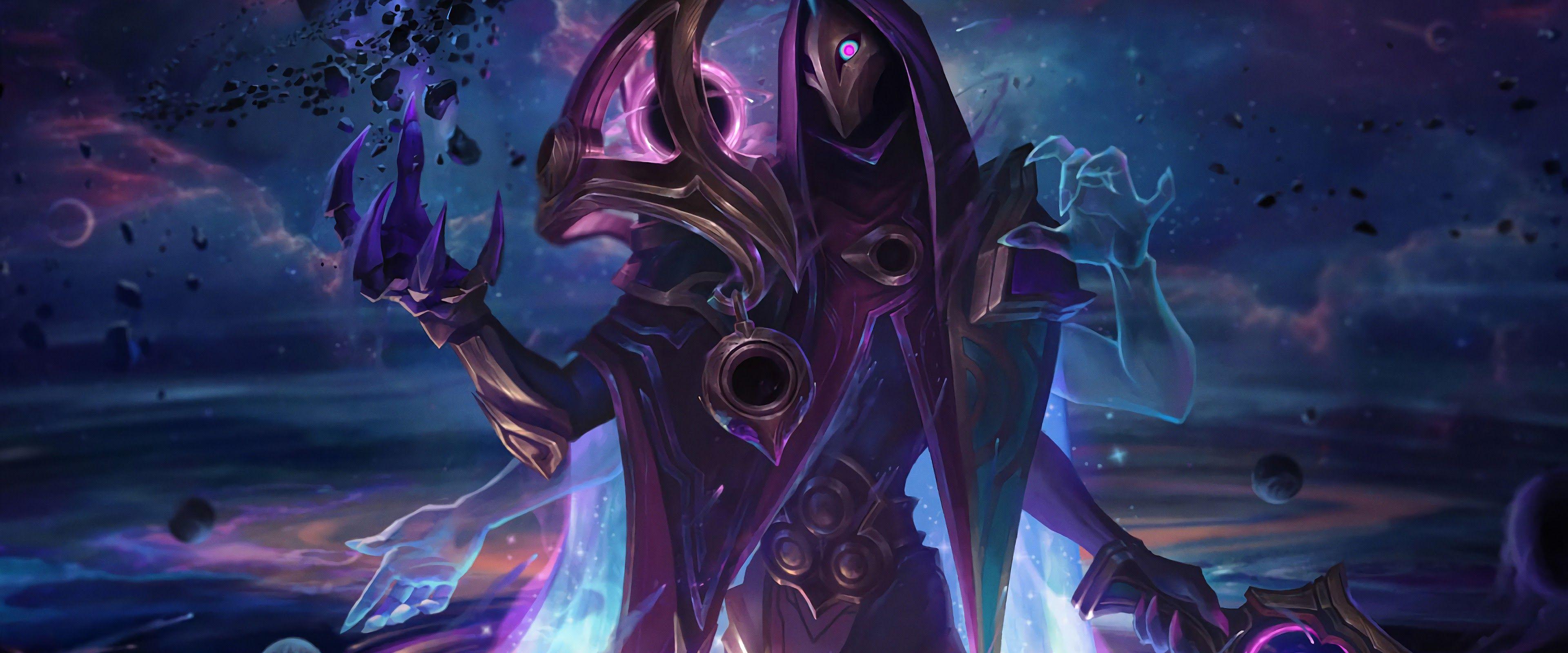 3840x1600 Dark Cosmic Jhin Splash Art LoL 4K Wallpaper
