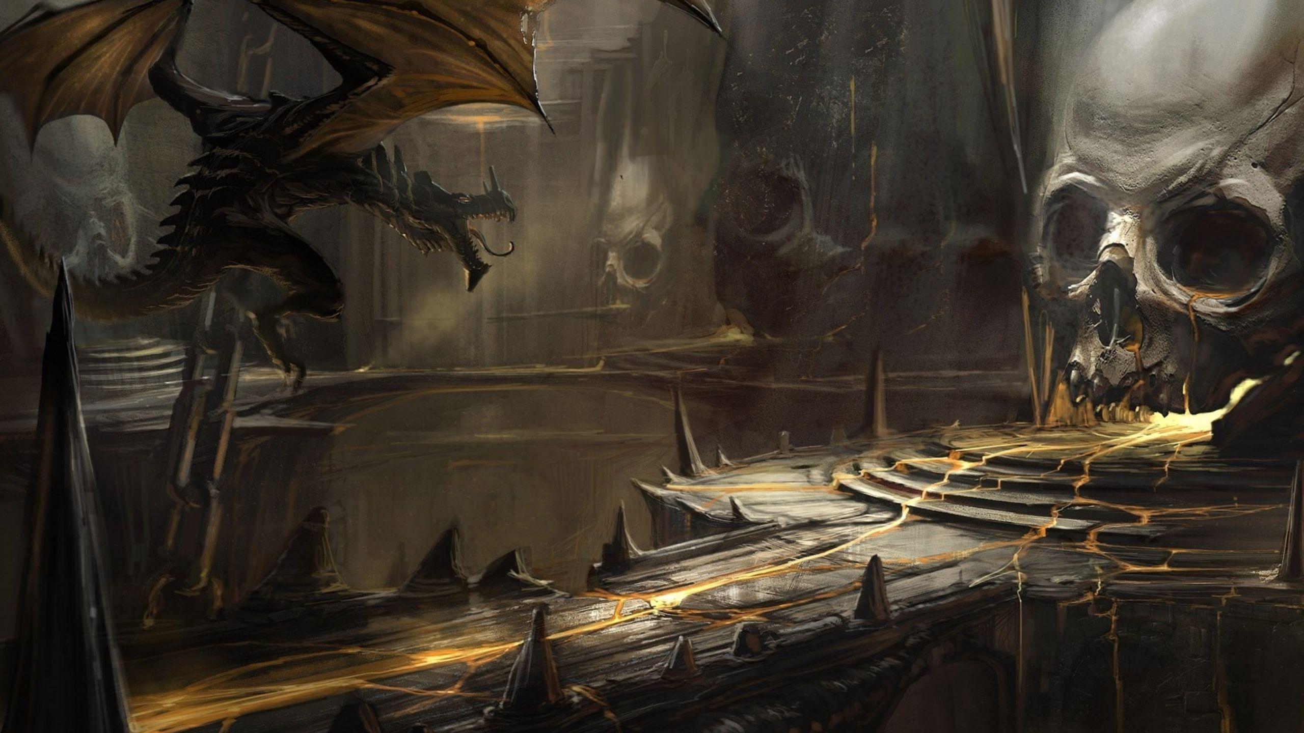 2560x1440 skull, Lava, Art, Cave, A, Dragons, Dragon, Fantasy, Dark, Skulls Wallpaper HD / Desktop and Mobile Background