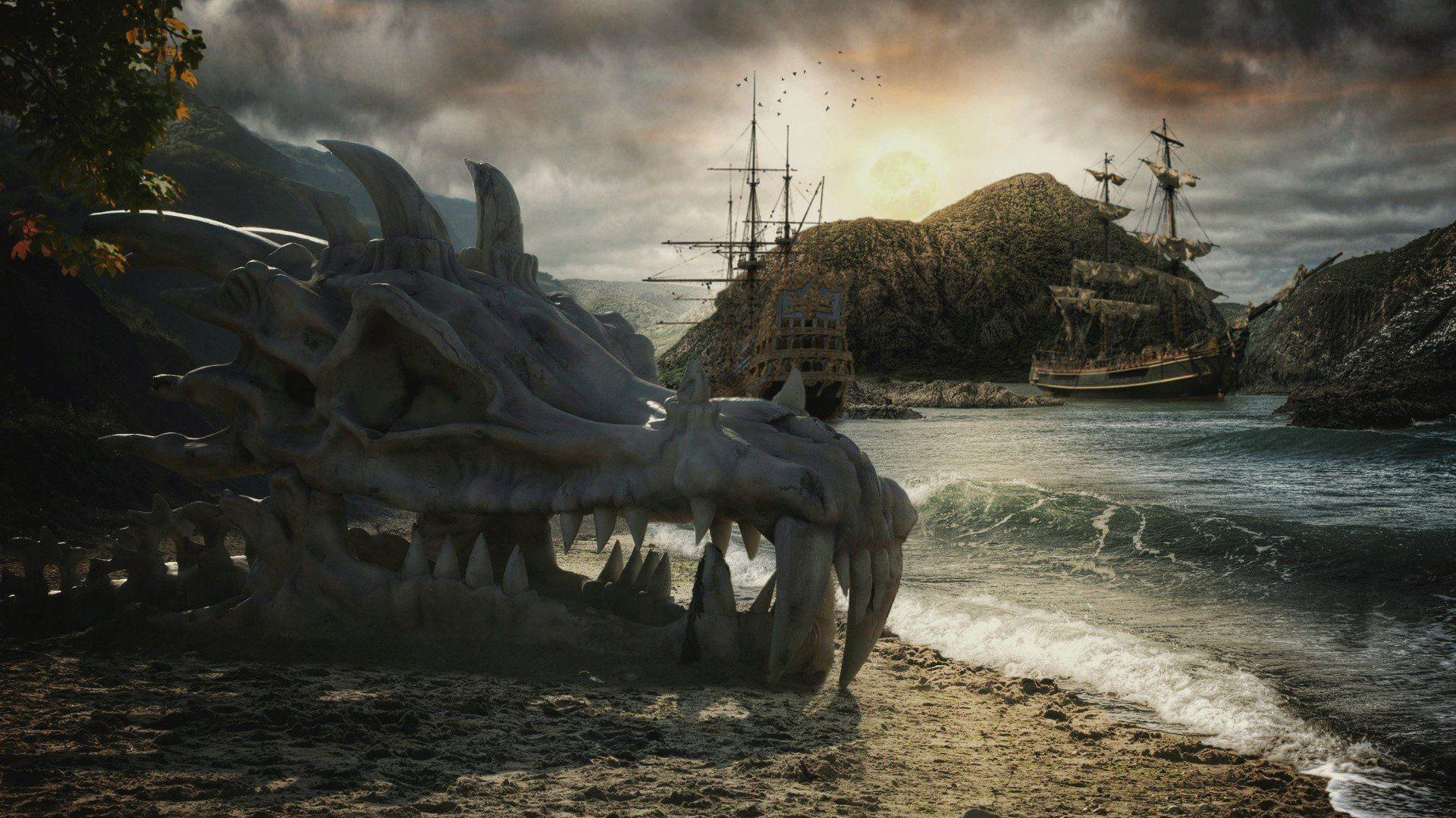 1920x1080 pirates, Sailing ship, Fantasy art, Skull, Dragon, Digital art, Sea Wallpaper HD / Desktop and Mobile Background