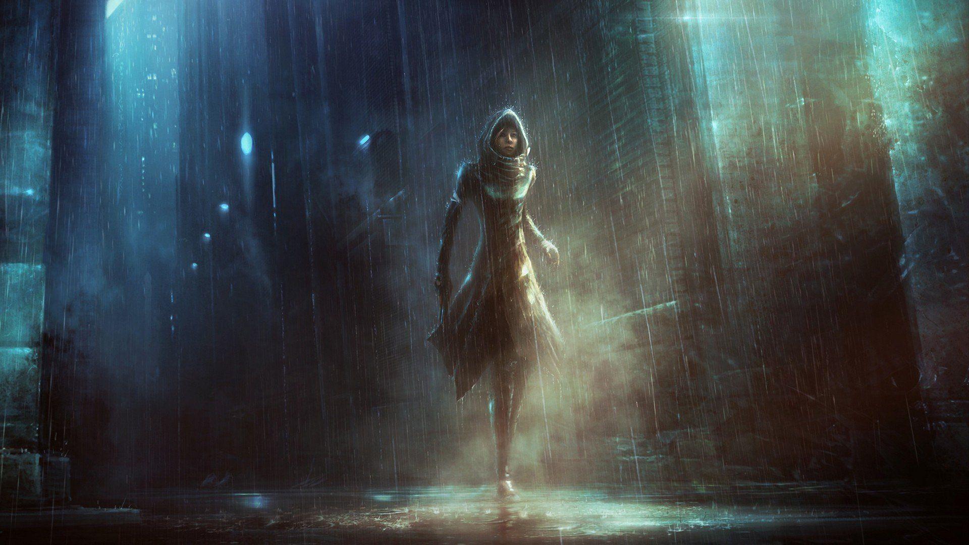 1920x1080 artwork, Women, Rain, Cities, Futuristic, Concept, Art, Alone
