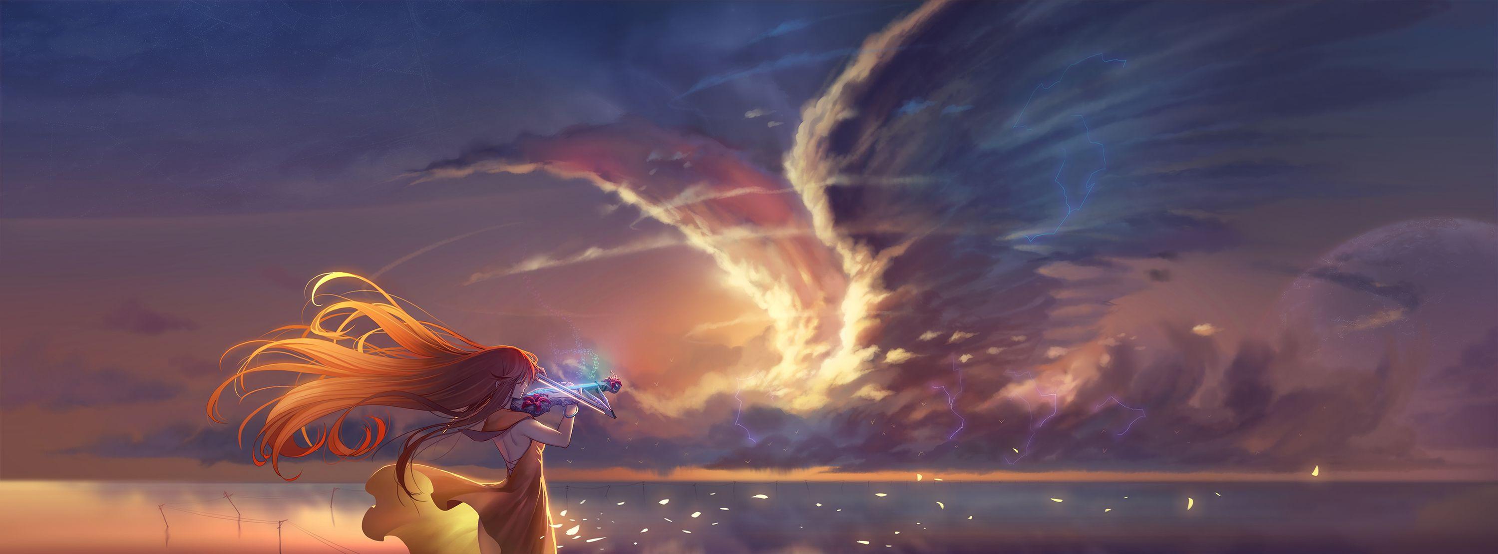 3000x1110 Anime Girl Playing Violin, HD Anime, 4k Wallpaper, Image