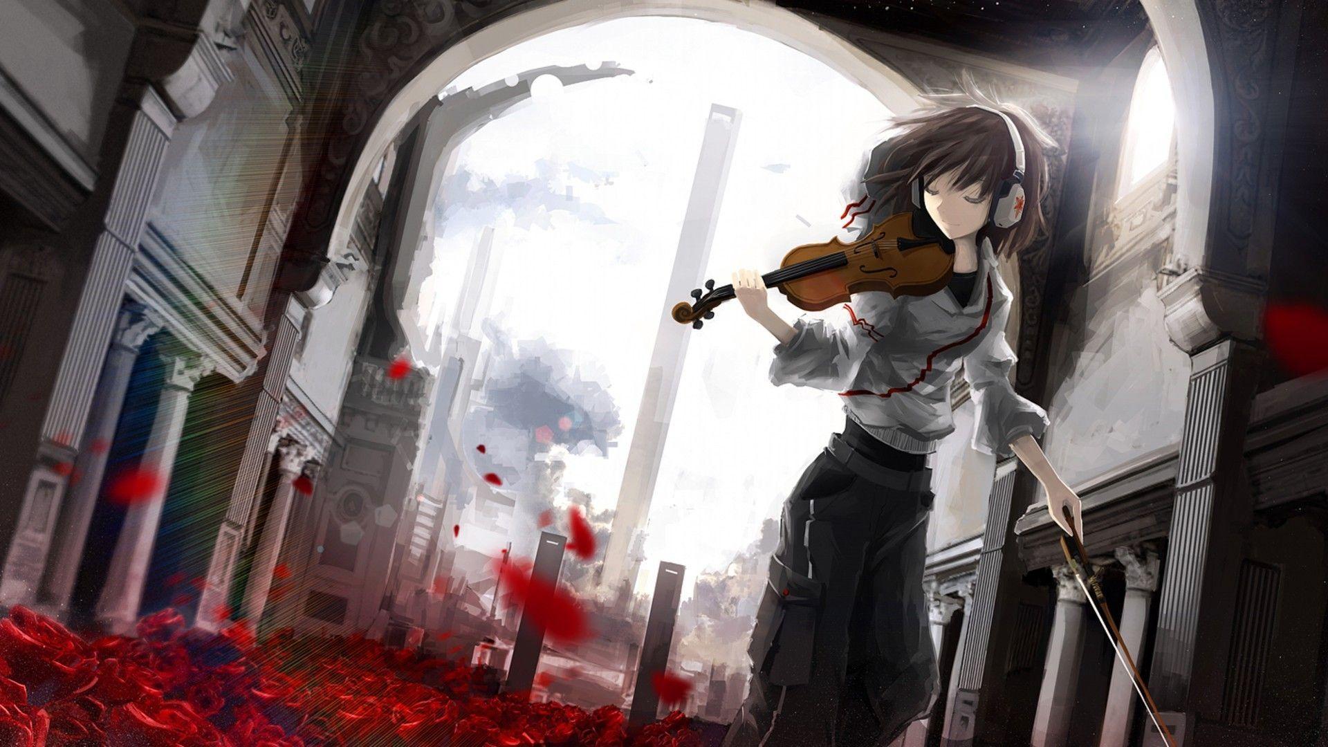 1920x1080 headphones, violin, anime girls, anime, rose, leaves, building