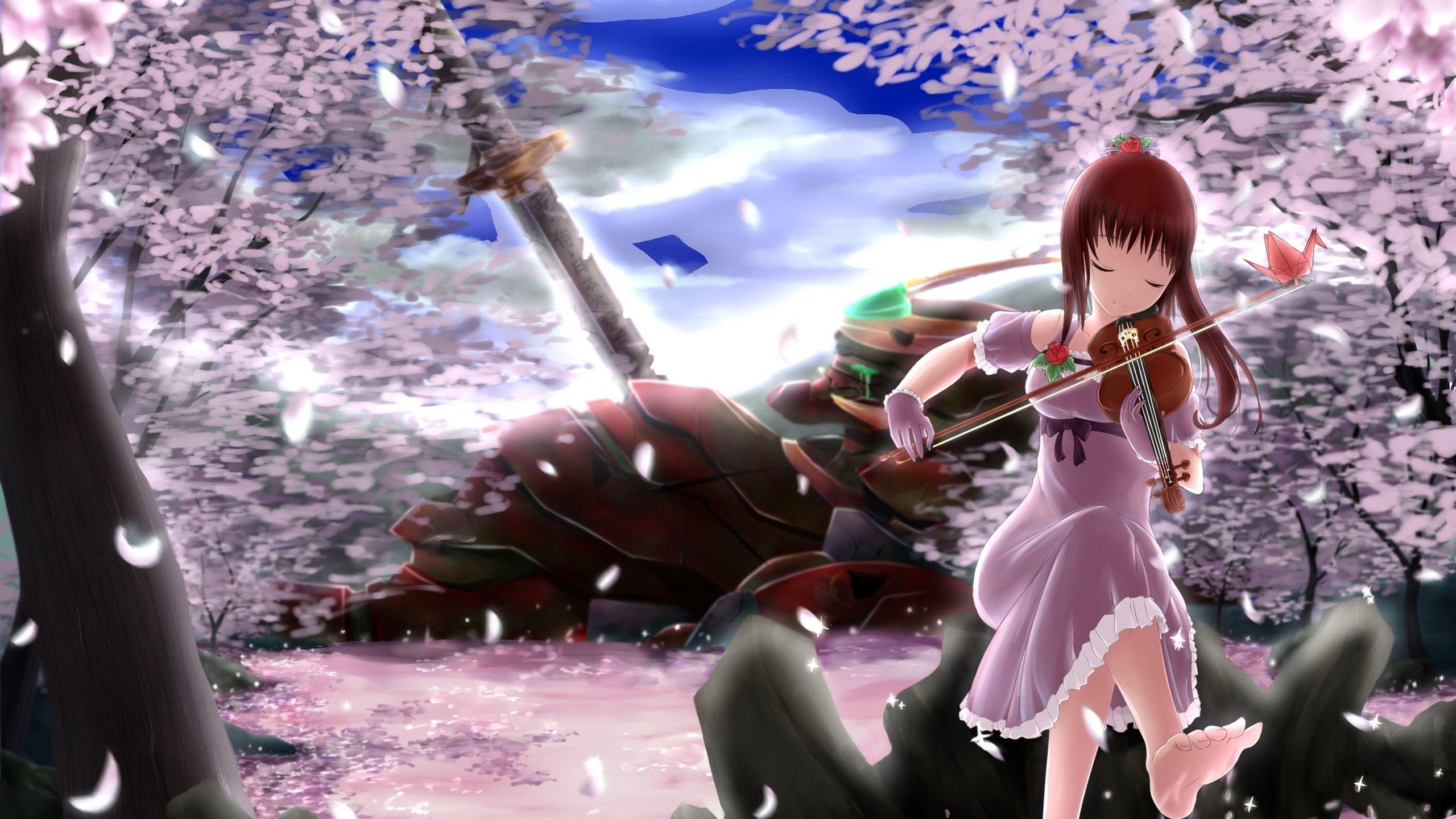 2560x1440 Wallpaper Red hair anime girl play violin, sakura petals, trees