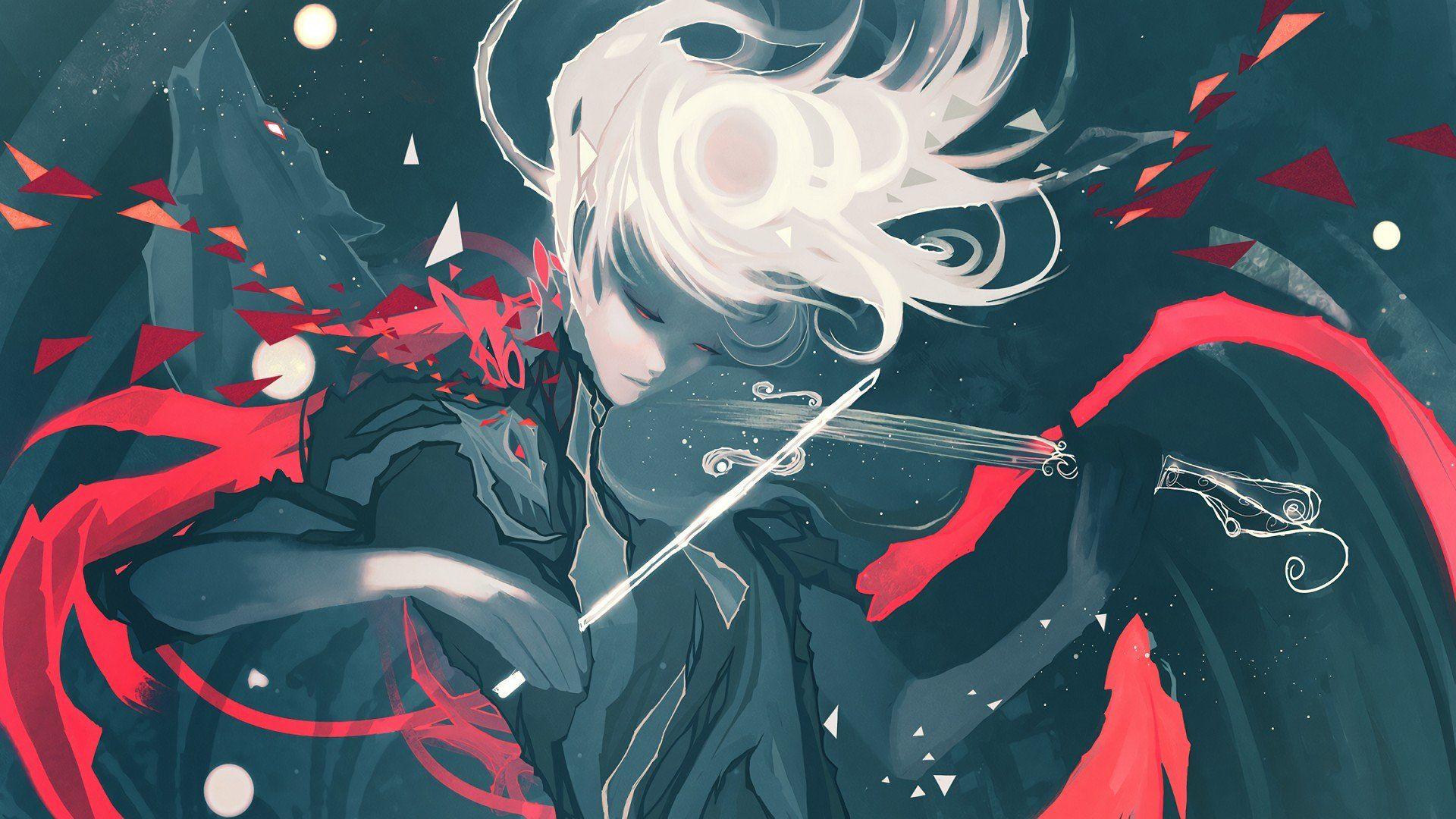 1920x1080 women, Violin, Monochrome, Stars, Abstract, Wolf, Night HD