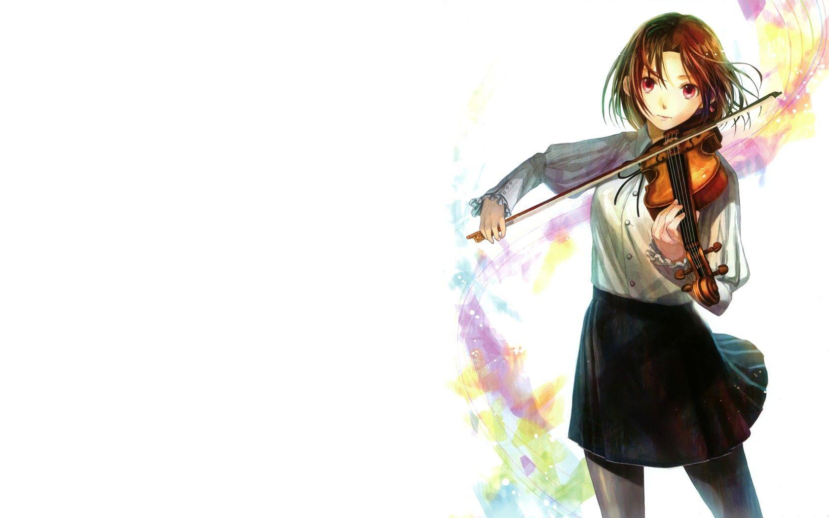 1680x1050 brunettes, music, violins, Fuji Choko, anime girls, white