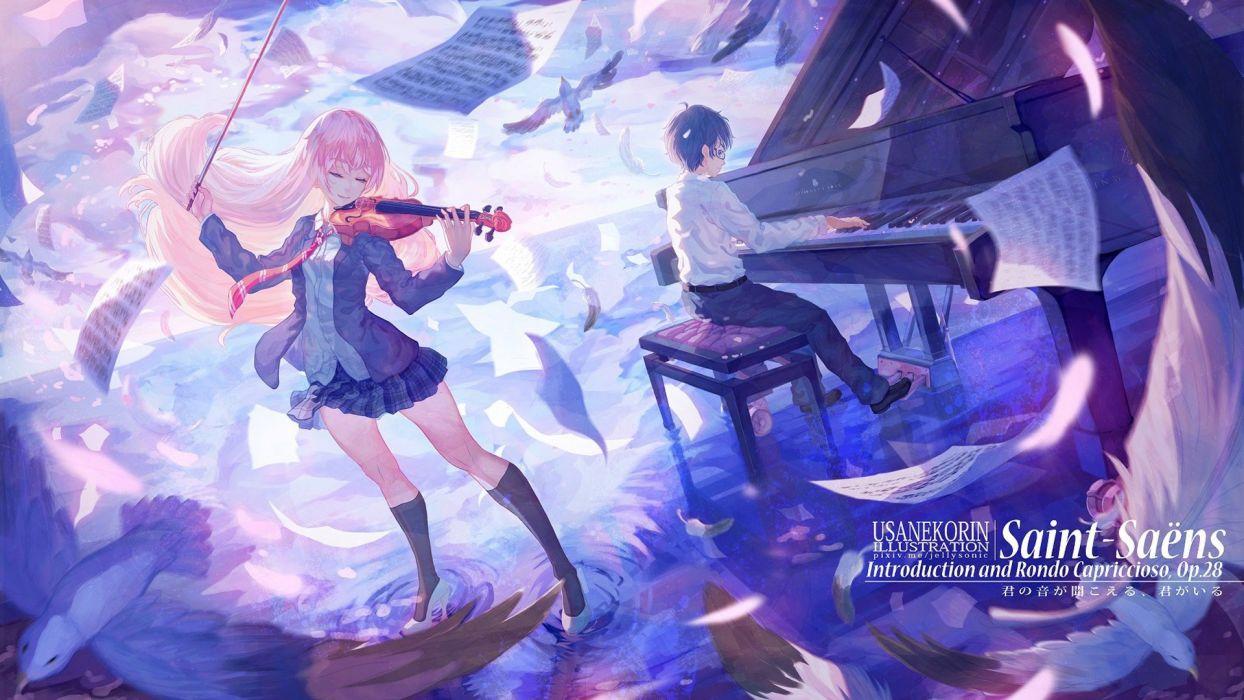 1244x700 Anime girl boy couple music piano petals blonde violin birds
