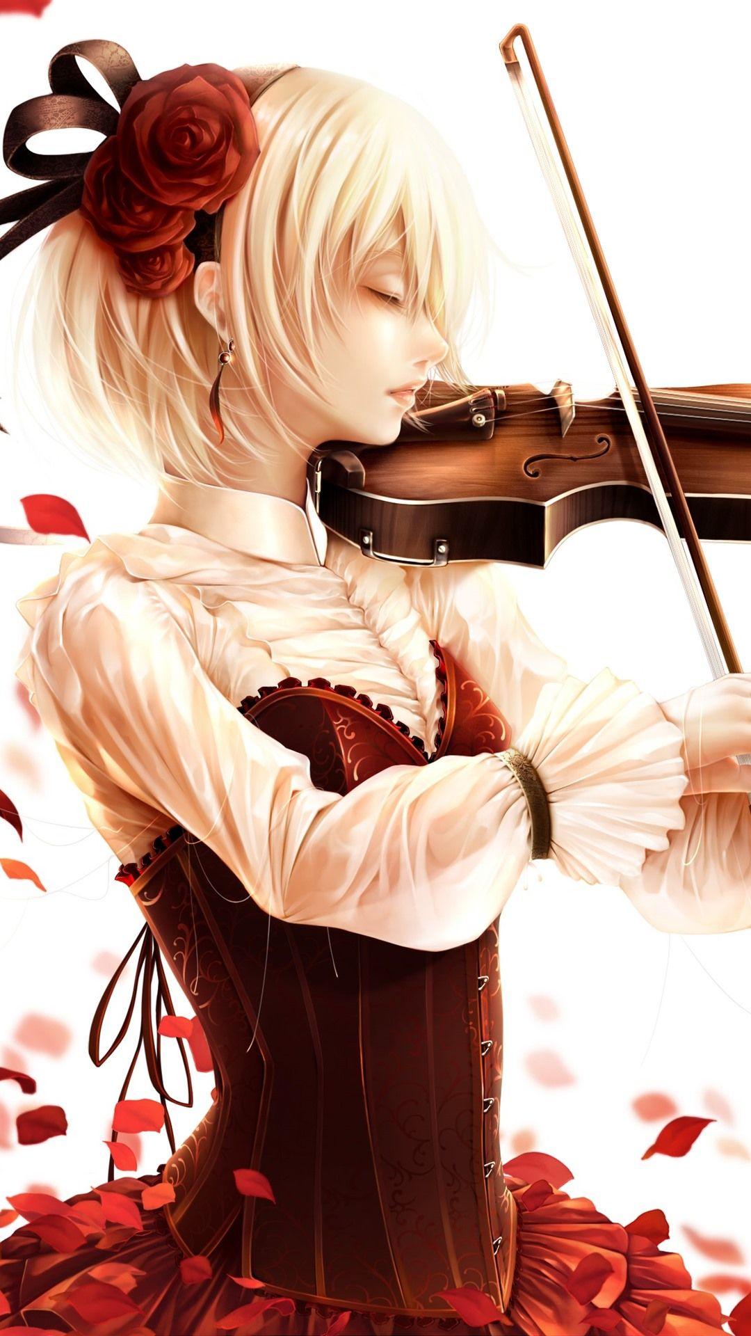 1080x1920 Short hair blonde girl, play violin, rose petals, anime 1080x1920