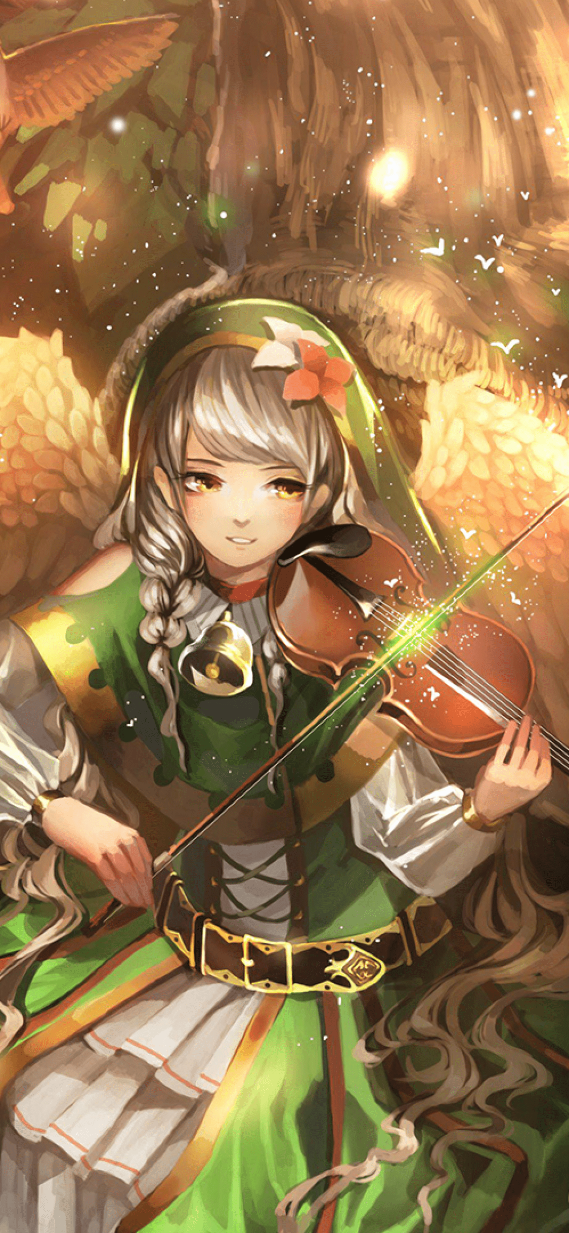 1125x2436 Download 1125x2436 Anime Girl, Angel, Violin, Forest, Wings
