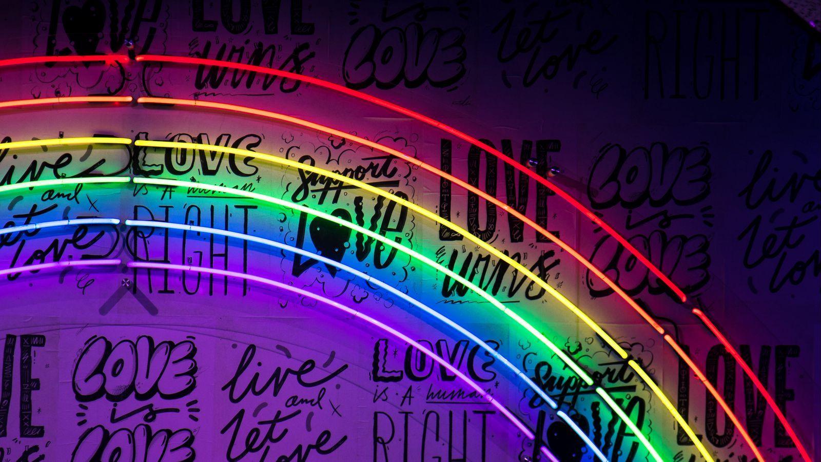 1600x900 Download wallpaper 1600x900 neon, lettering, rainbow, wall, lights