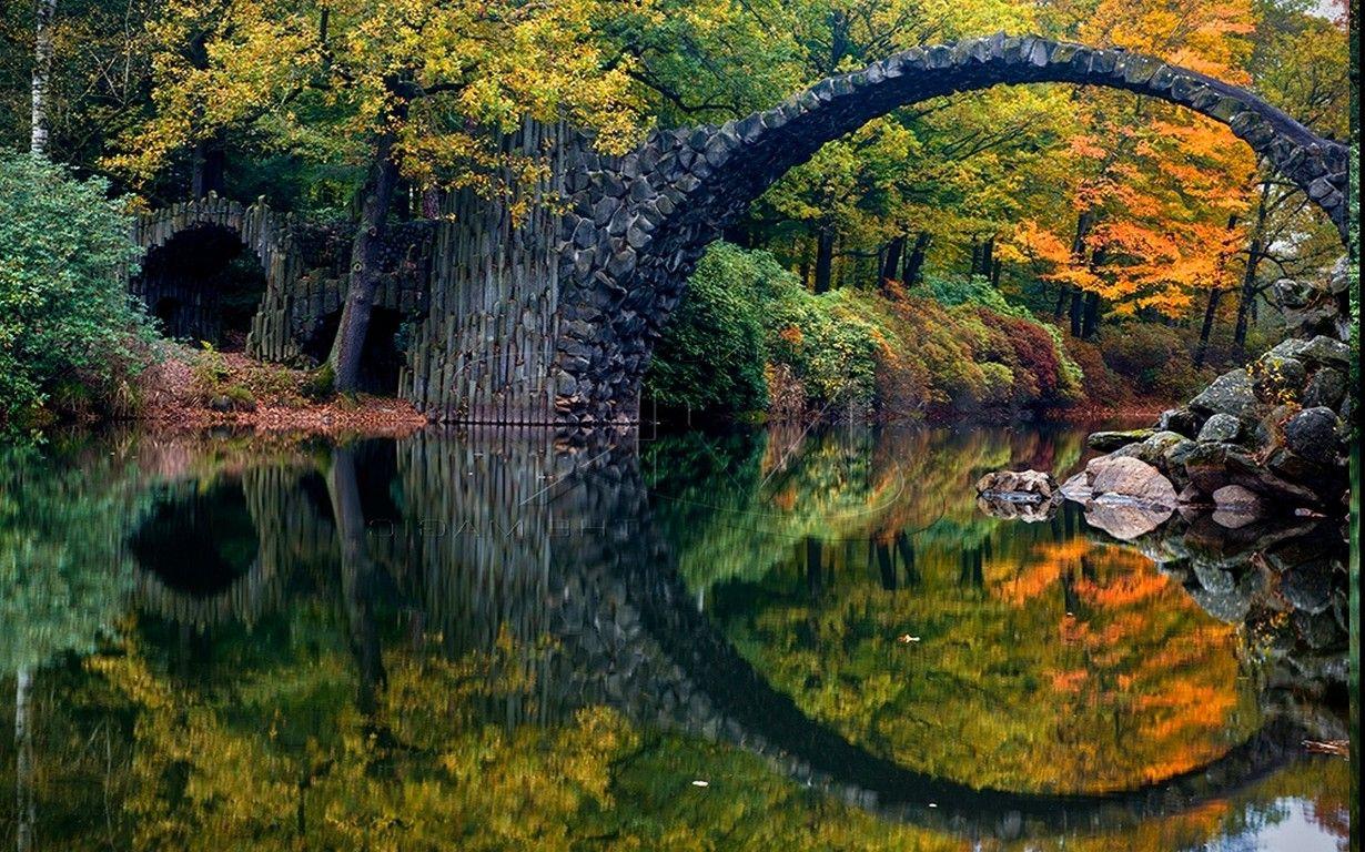 1230x768 nature, Landscape, Fall, Colorful, Bridge, Forest, Reflection
