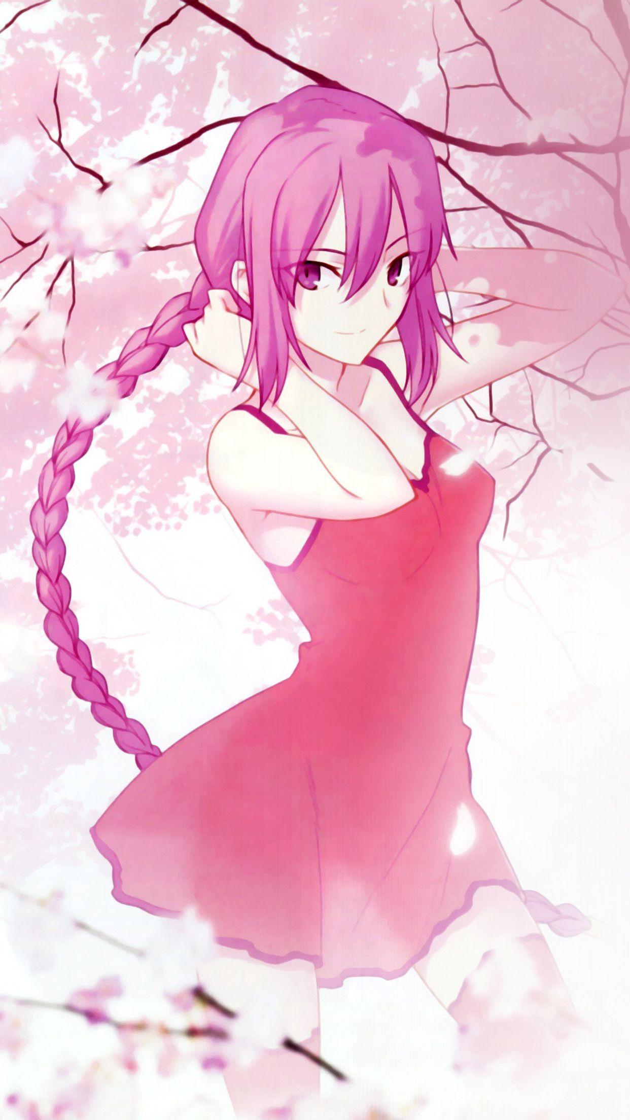 1242x2208 Pink Girl Anime Art Illustration Flower Blossom Wallpaper