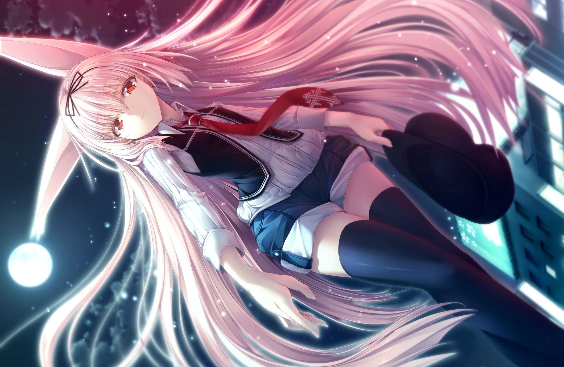 pink anime girl with white hair and eyes