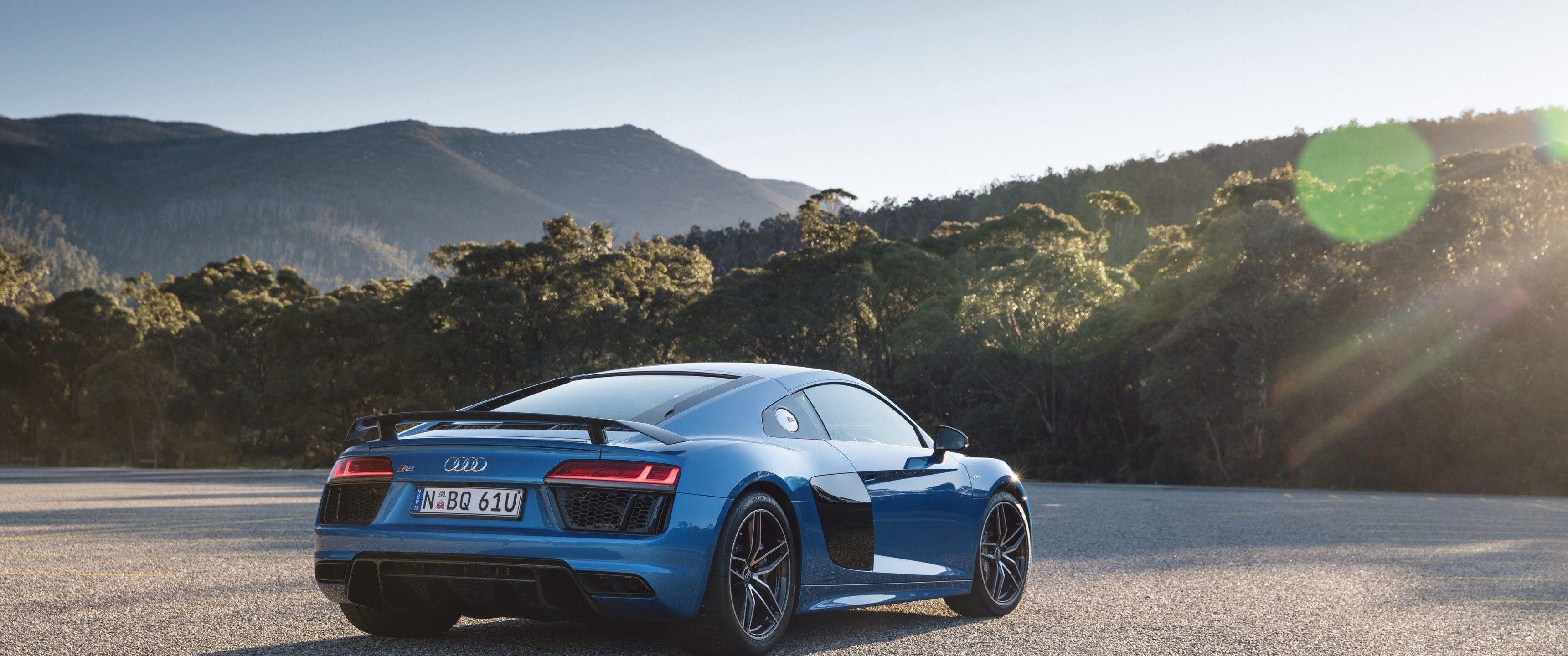 3440x1440 Download 3440x1440 Audi R8 V Blue, Back View, Bokeh, Cars